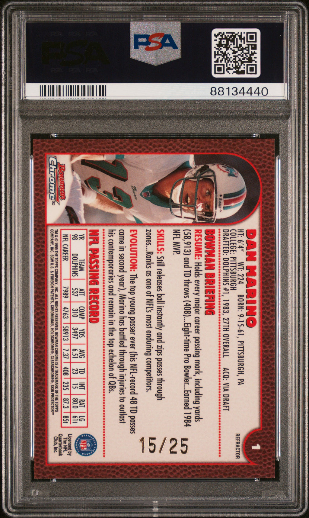 Dan Marino 1999 Bowman Chrome GOLD Refractor Miami Dolphins 15/25 PSA 9
