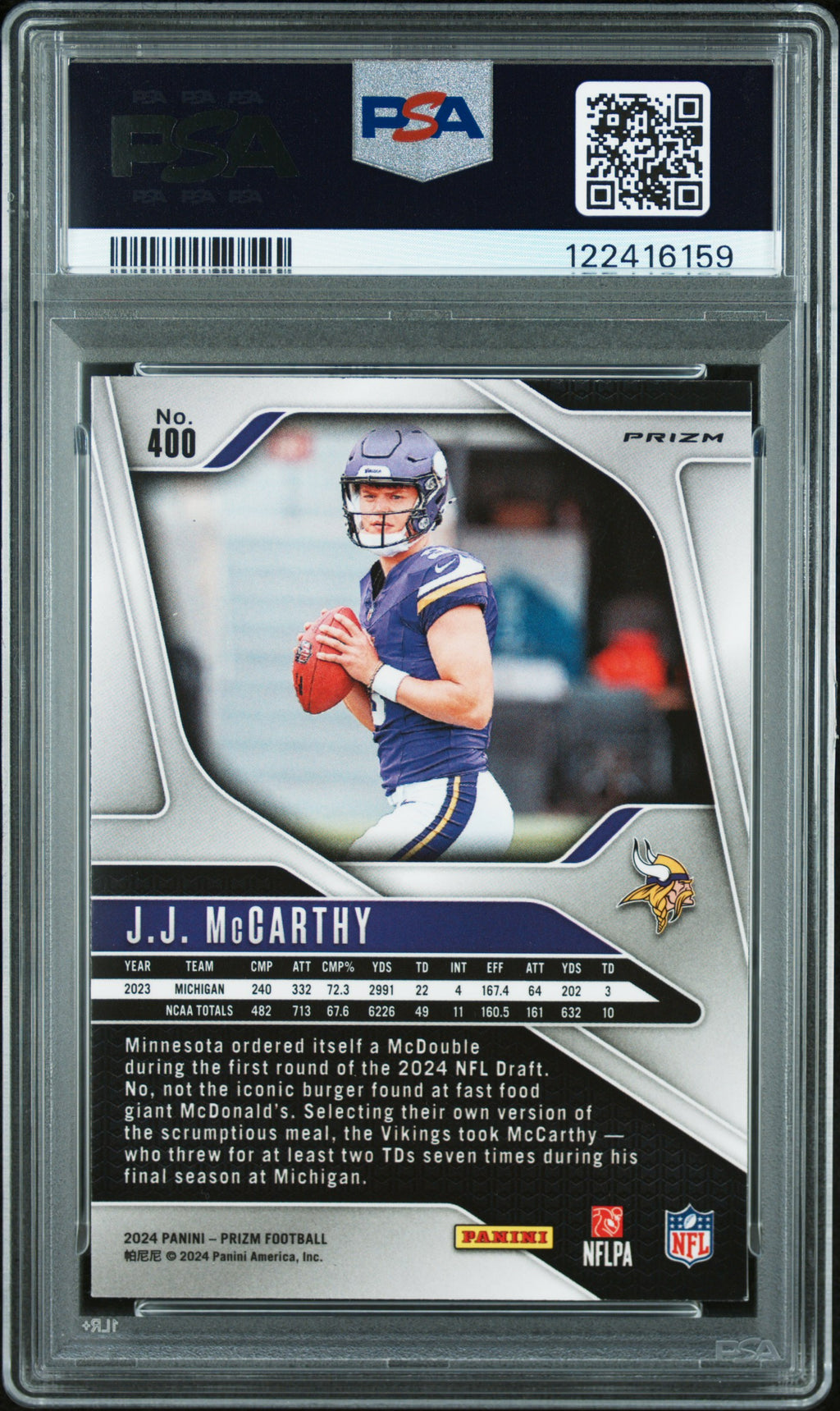 JJ Mccarthy 2024 Panini Prizm Silver Prizm Rookie RC Vikings #400 PSA 9