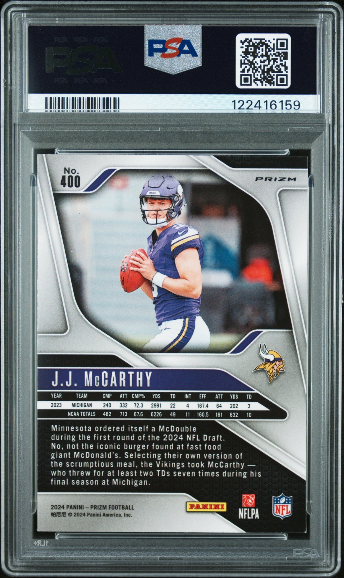 JJ Mccarthy 2024 Panini Prizm Silver Prizm Rookie RC Vikings #400 PSA 9