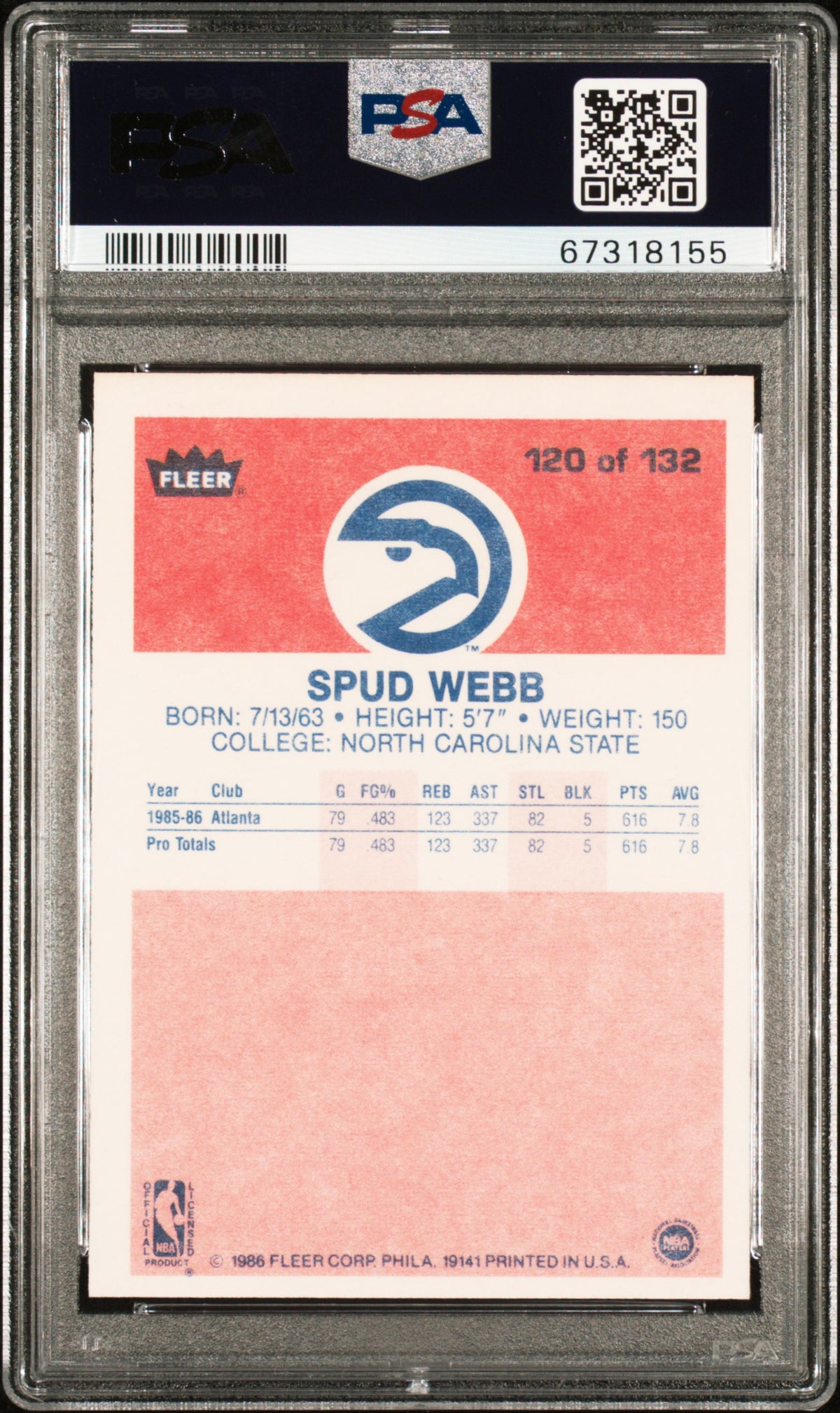 Spud Webb 1986-87 Fleer Rookie RC Atlanta Hawks #120 PSA 7