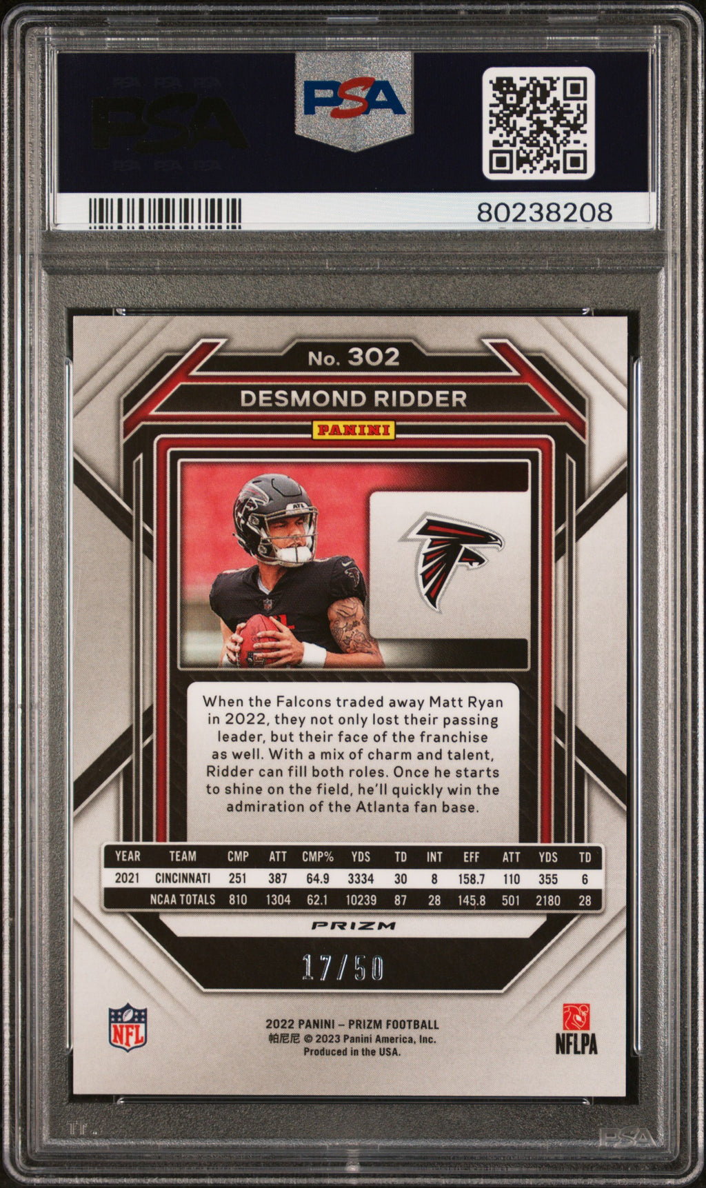 Desmond Ridder 2022 Prizm No Huddle Red RC Rookie Falcons 17/50 PSA 9