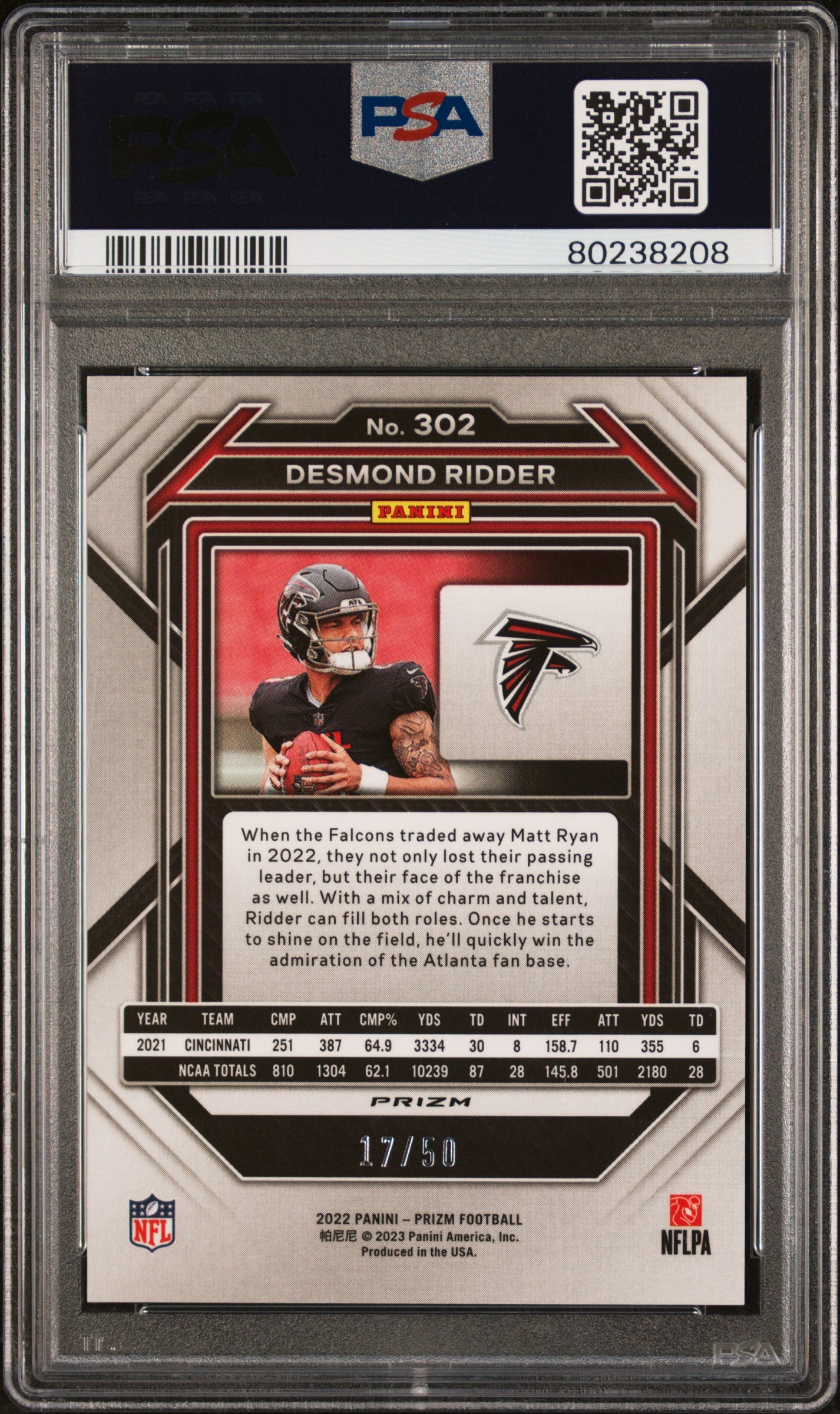 Desmond Ridder 2022 Prizm No Huddle Red RC Rookie Falcons 17/50 PSA 9