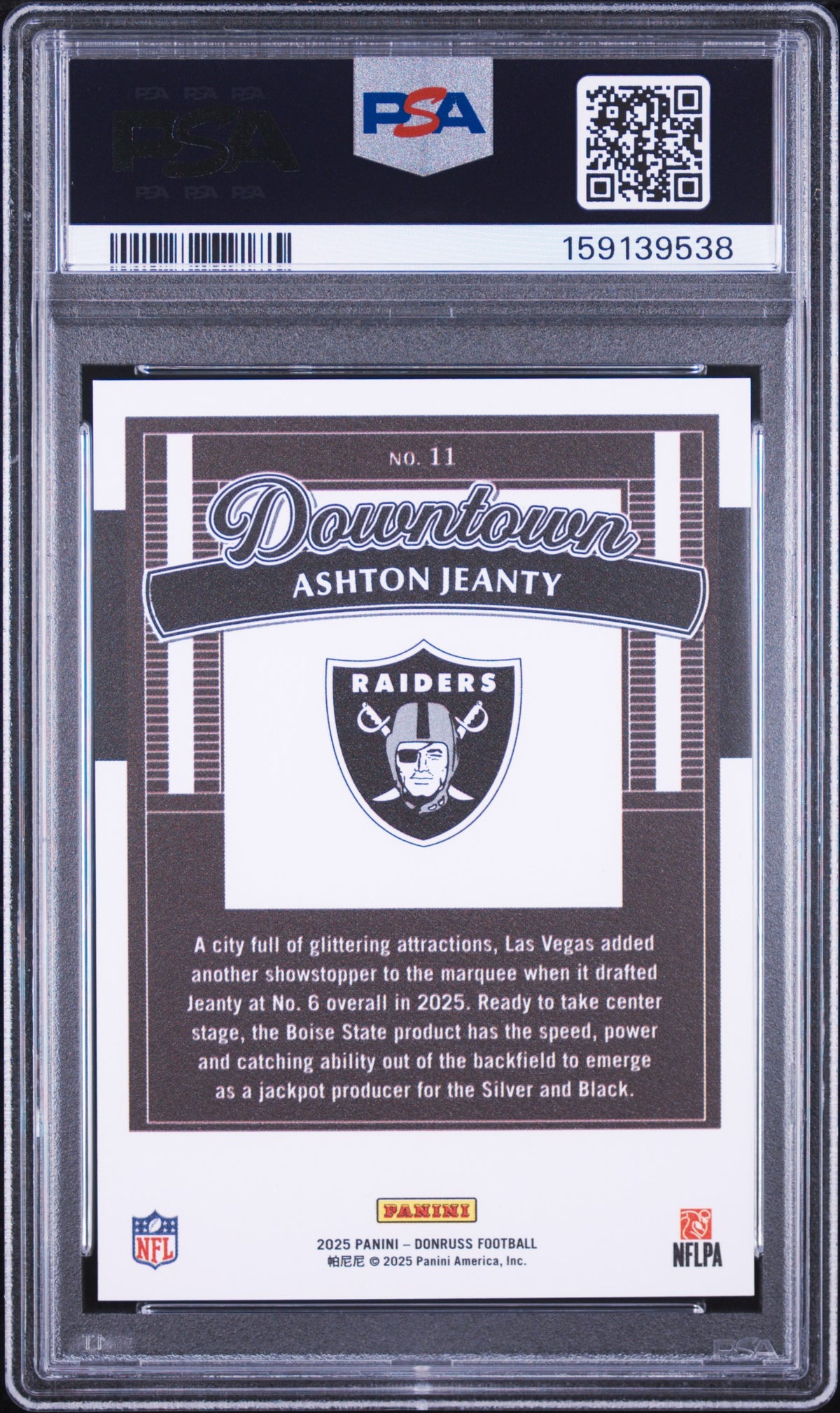 Ashton Jeanty 2025 Donruss DOWNTOWN CASE HIT RC SSP Raiders PSA 10