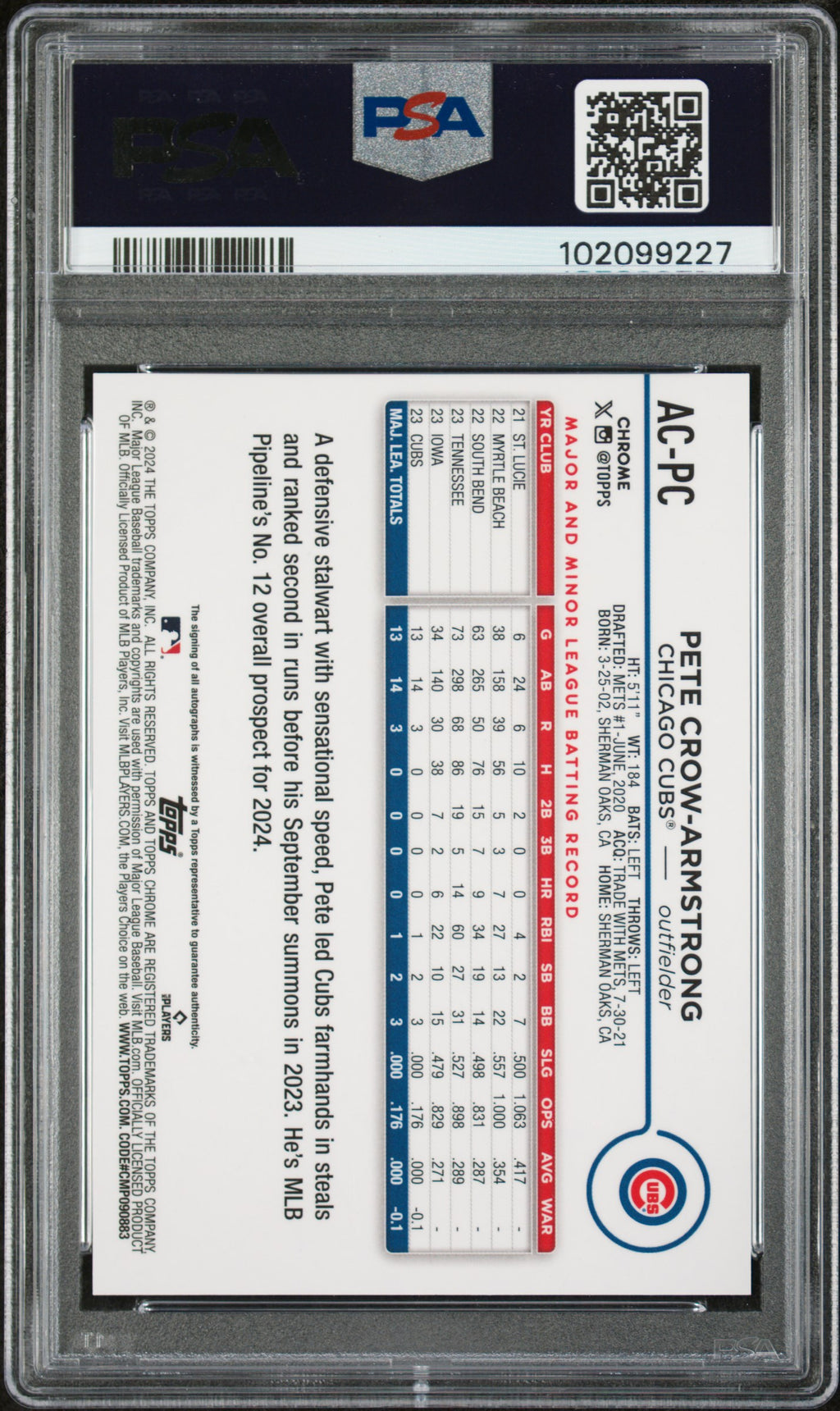 Pete Crow-Armstrong 2024 Topps Chrome BLUE Auto Autograph RC Cubs 130/150 PSA 10