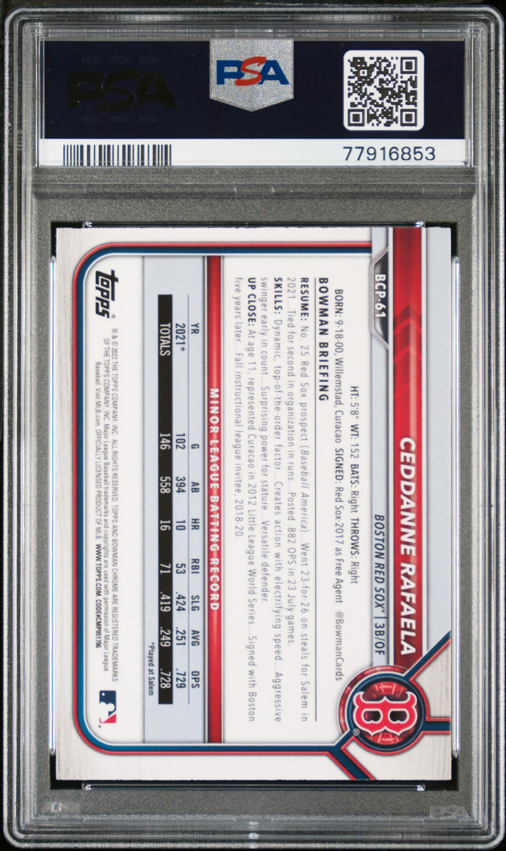 Ceddanne Rafaela 2022 Bowman Chrome 1st Atomic Refractor RC Red Sox PSA 9