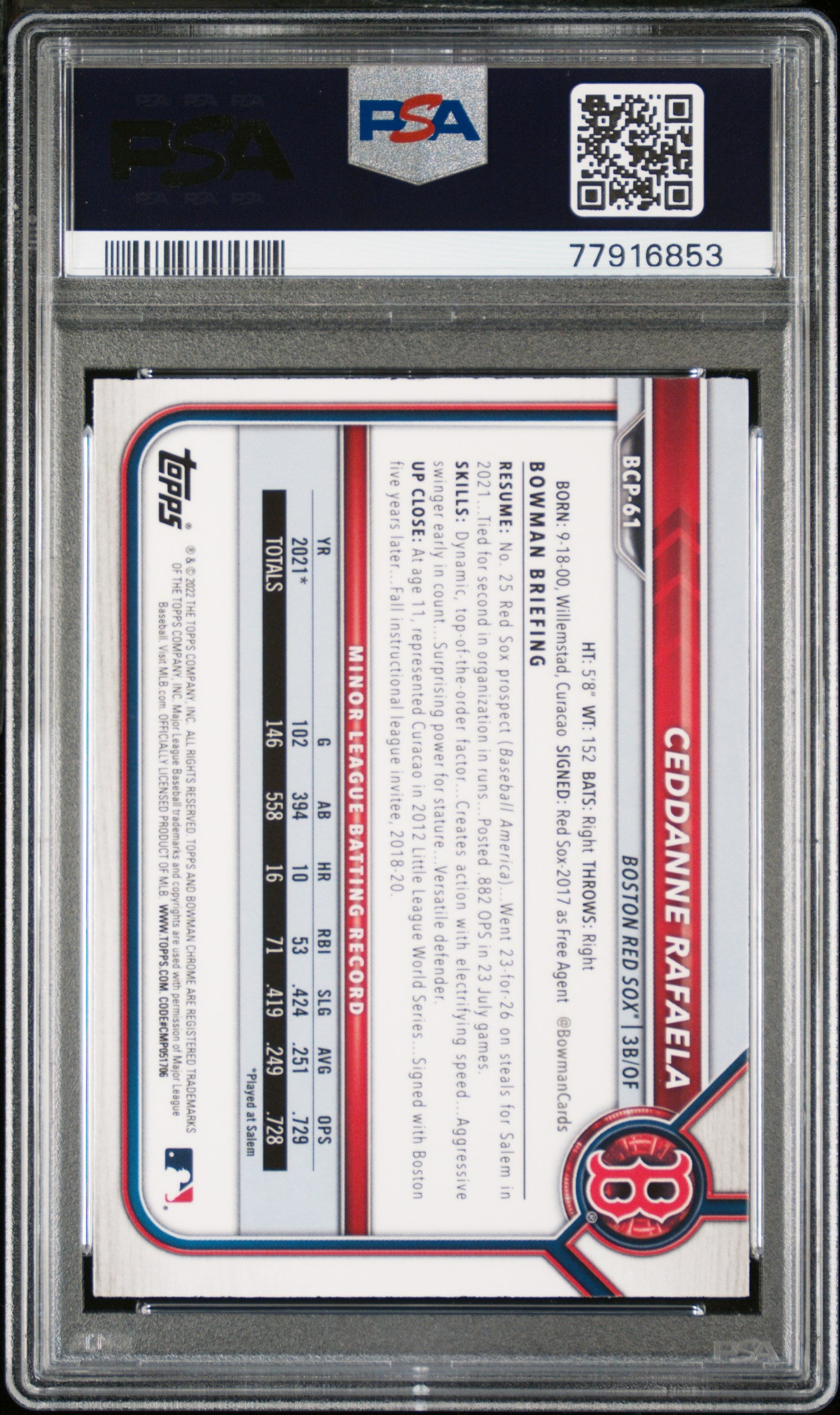 Ceddanne Rafaela 2022 Bowman Chrome 1st Atomic Refractor RC Red Sox PSA 9