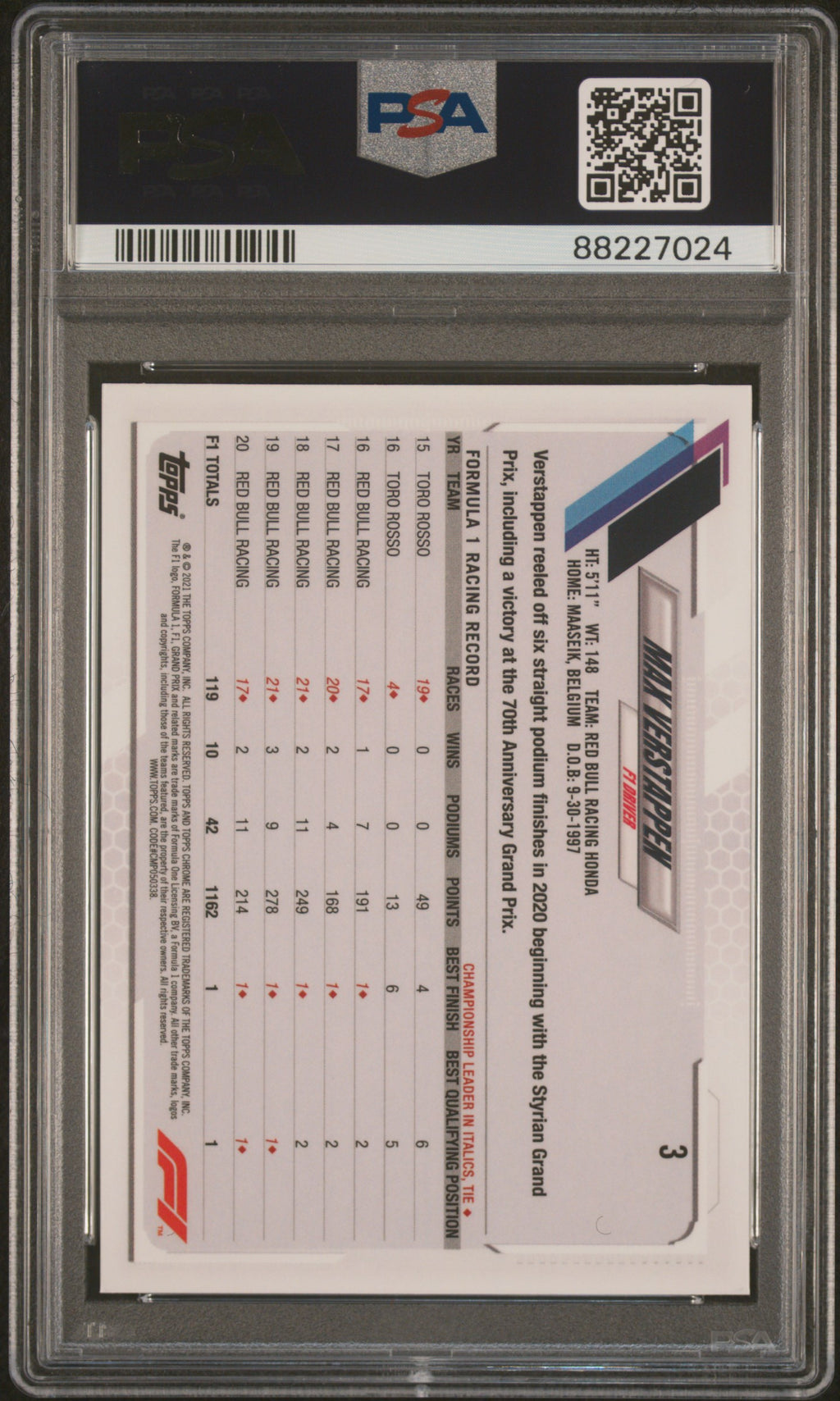 Max Verstappen 2021 Topps Chrome Formula 1 Sapphire Edition #3 PSA 10