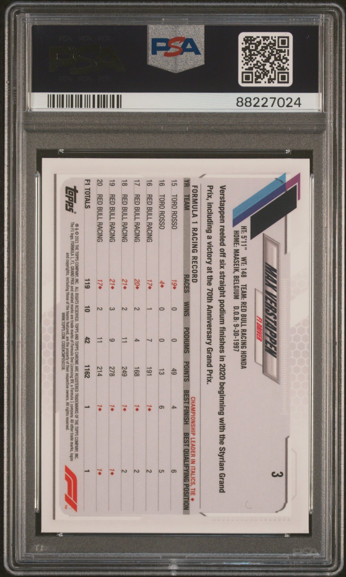 Max Verstappen 2021 Topps Chrome Formula 1 Sapphire Edition #3 PSA 10