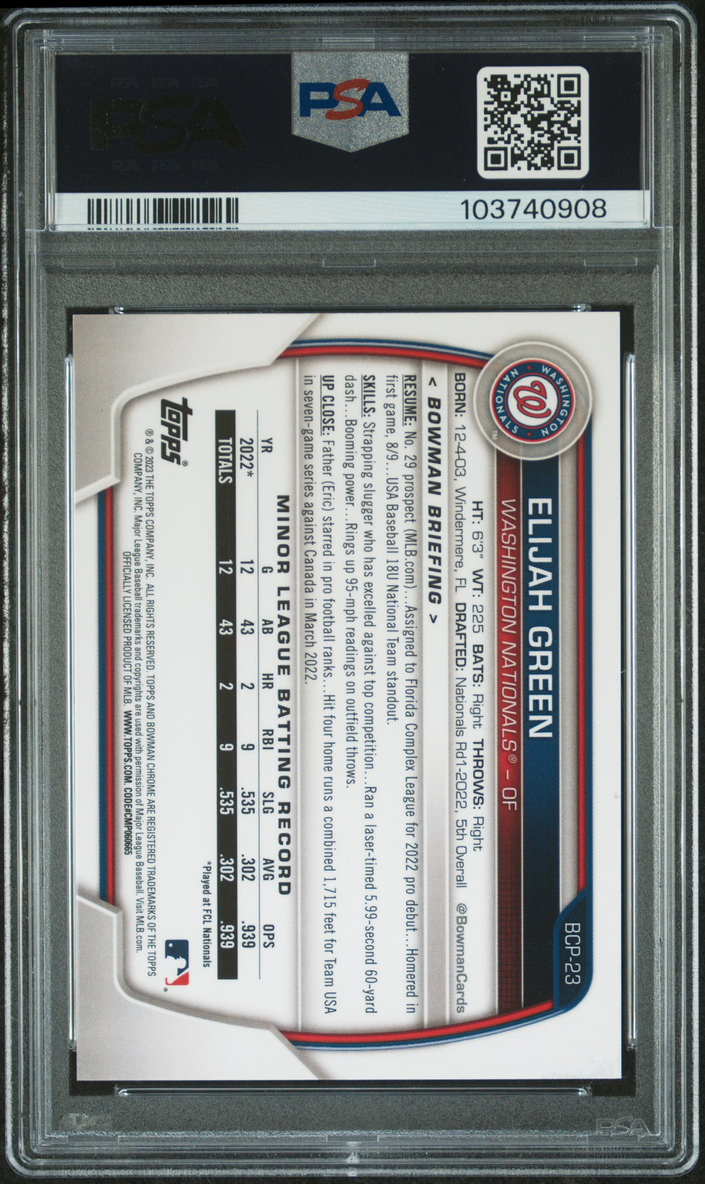Elijah Green 2023 Bowman Chrome Fuchsia Lunar RC Nationals 109/199 PSA 9