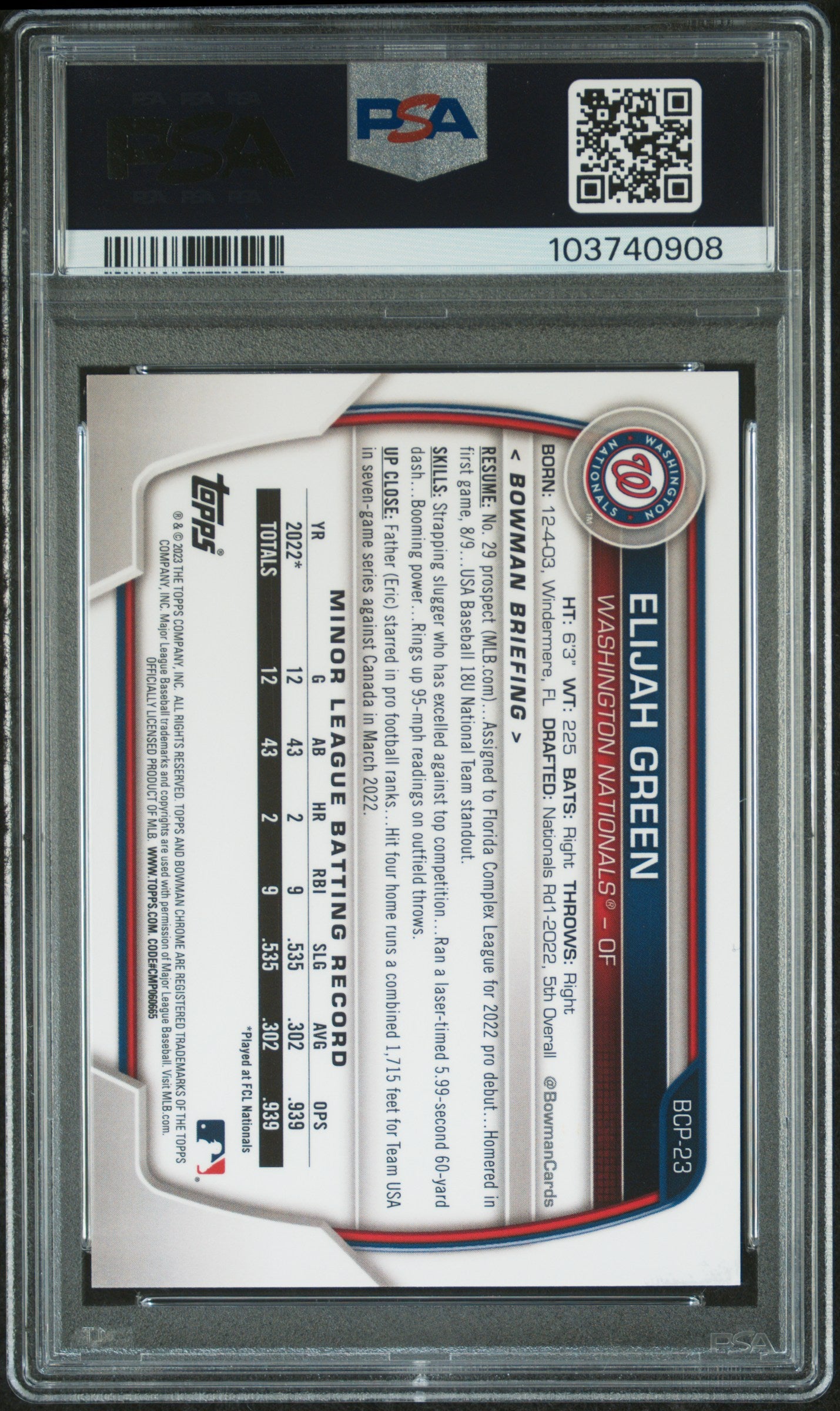 Elijah Green 2023 Bowman Chrome Fuchsia Lunar RC Nationals 109/199 PSA 9
