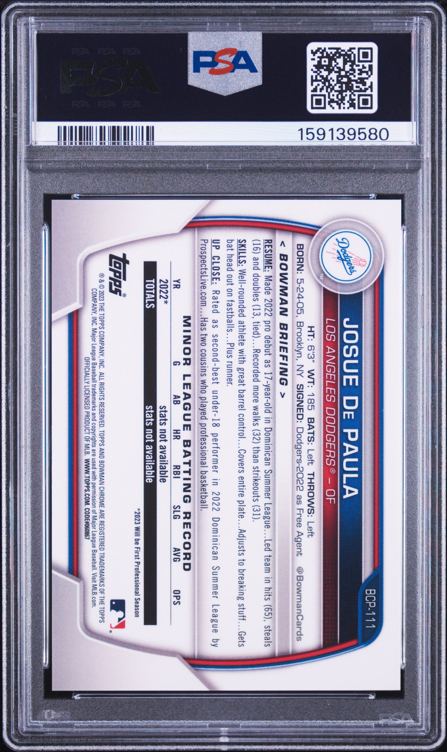 Josue De Paula 2023 Bowman Chrome 1st Navy Mega Box Dodgers 154/175 PSA 10