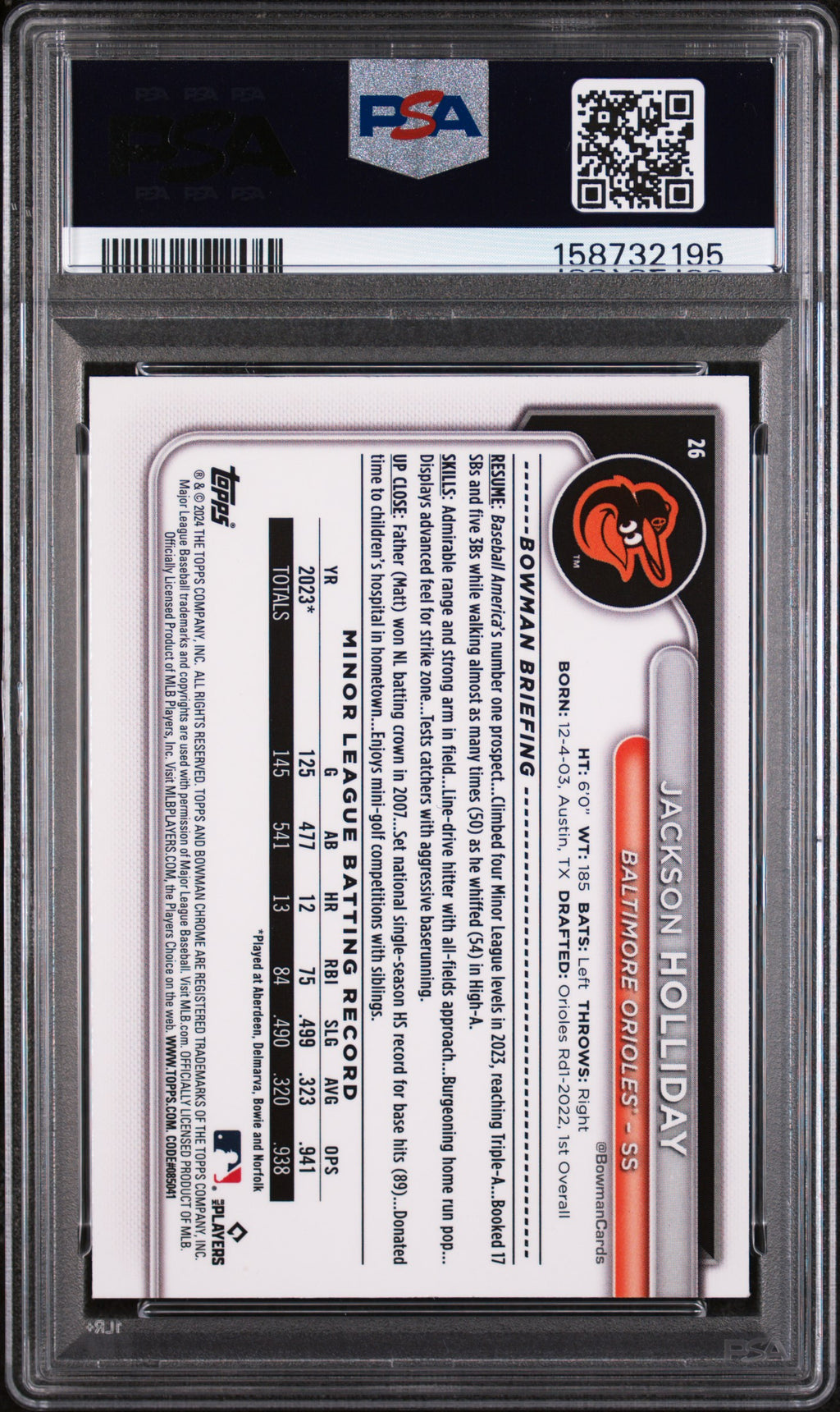 Jackson Holliday 2024 Bowman Chrome GOLD Refractor RC Orioles 49/50 PSA 9