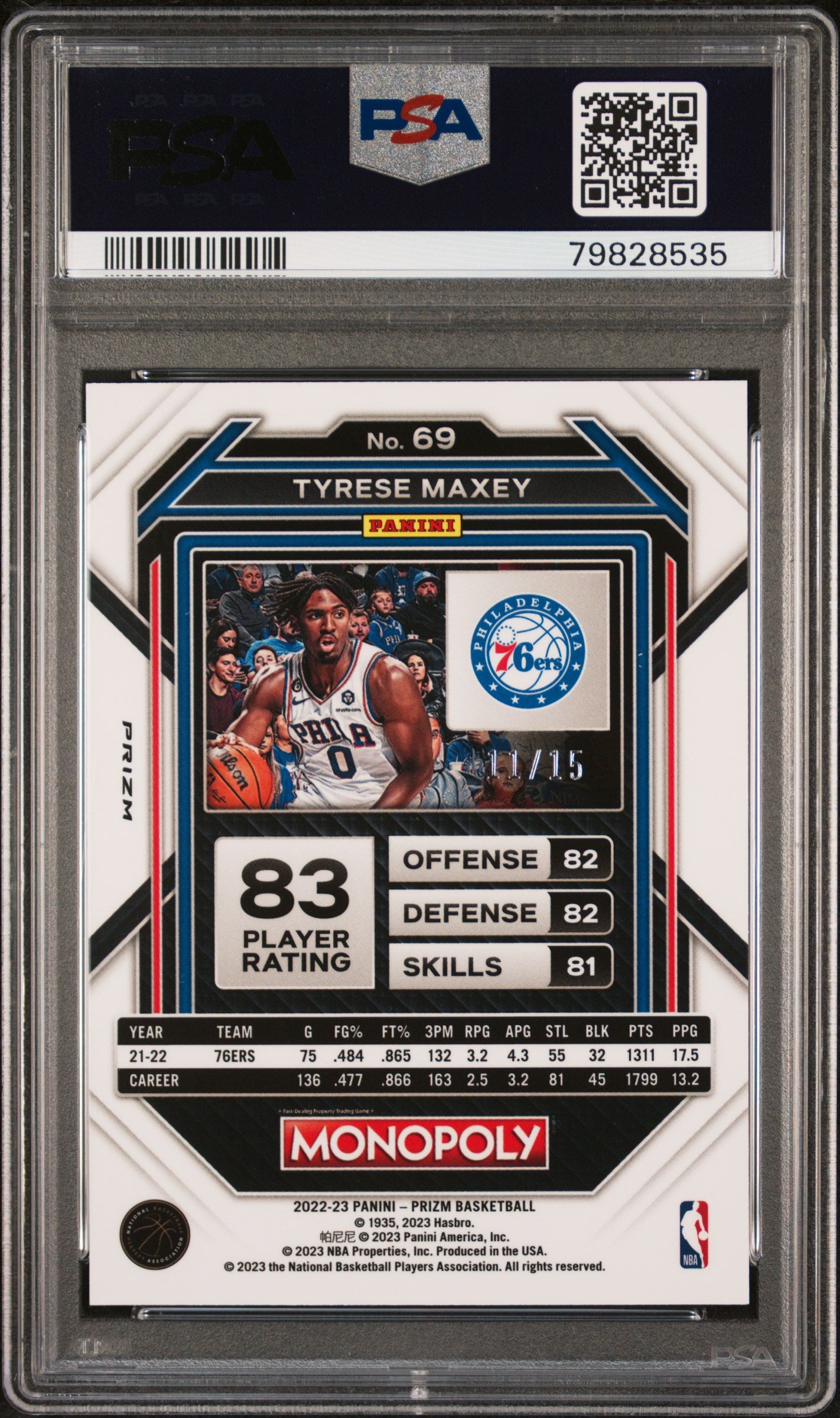 Tyrese Maxey 2022 Prizm Monopoly Boardwalk Blue SSP 76ers 11/15 PSA 10