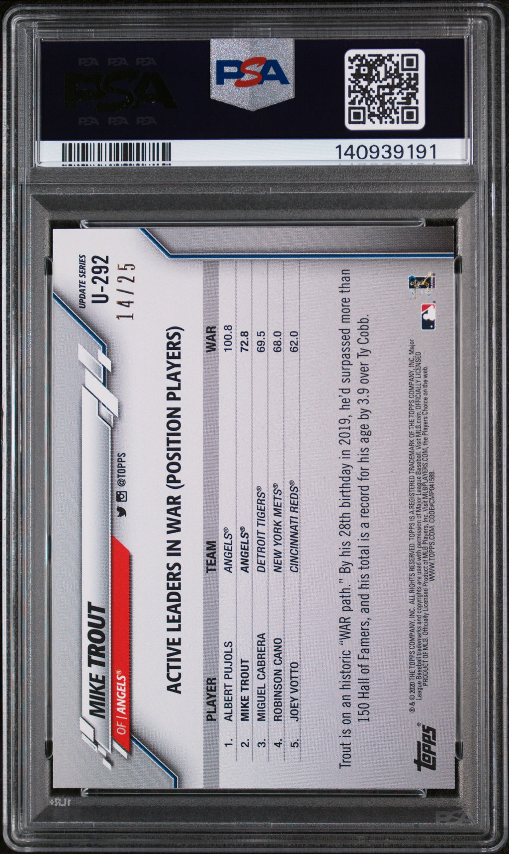 Mike Trout 2020 Topps Update Memorial Day Camo Los Angeles Angels 14/25 PSA 9