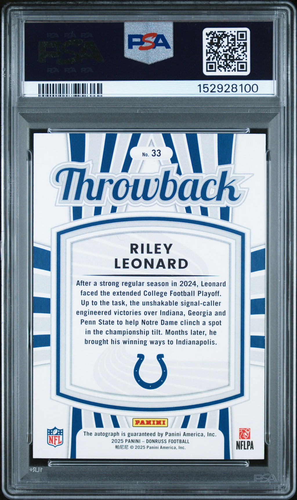 Riley Leonard 2025 Donruss Throwback Auto Autograph RC Colts 33/49 PSA 10