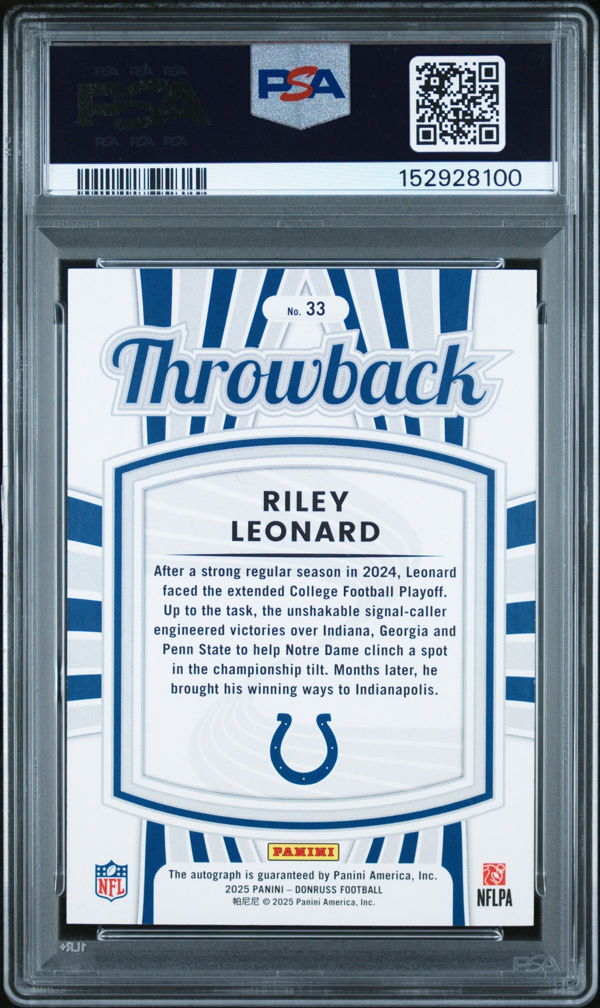 Riley Leonard 2025 Donruss Throwback Auto Autograph RC Colts 33/49 PSA 10