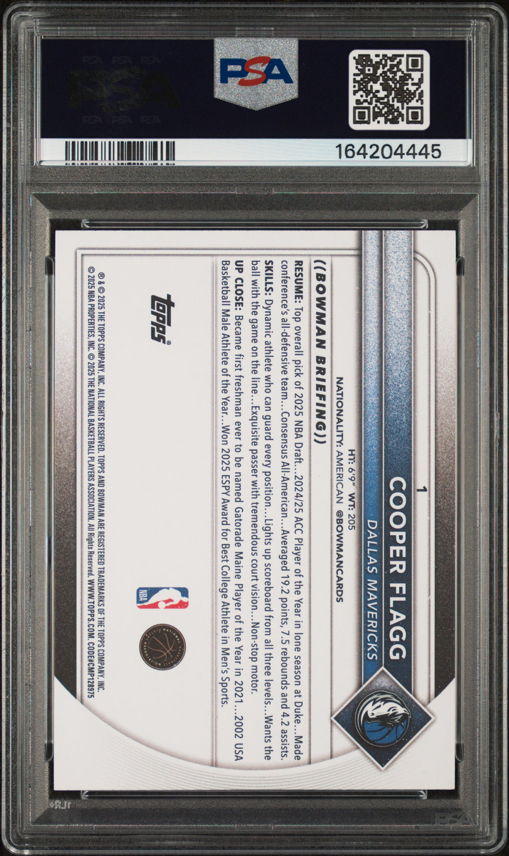 Cooper Flagg 2025 Bowman Rookie RC Dallas Mavericks #1 PSA 10