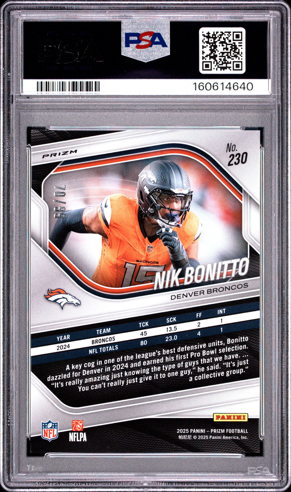Nik Bonitto 2025 Prizm No Huddle Red Disco Prizm Denver Broncos 70/99 PSA 9