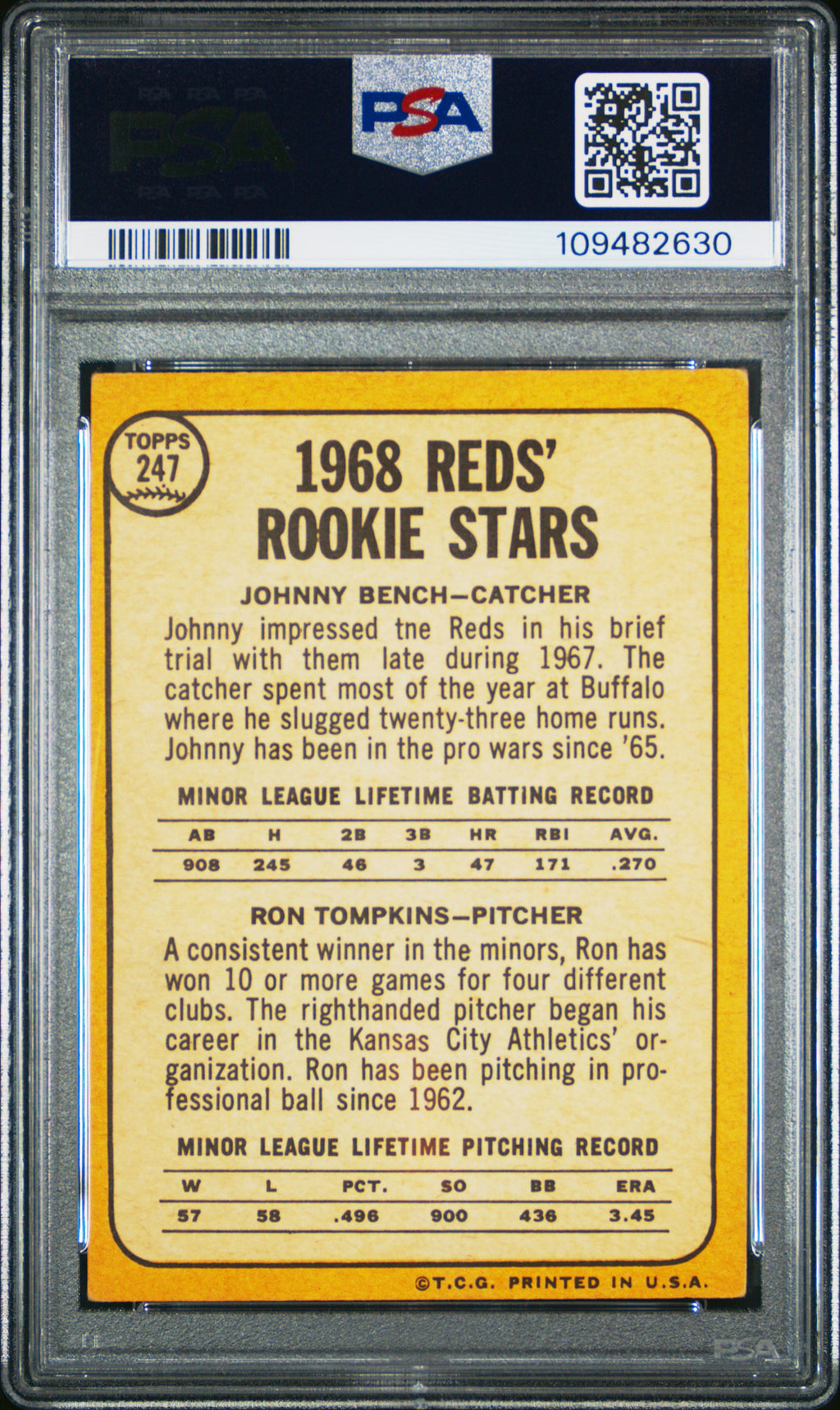 Johnny Bench 1968 Topps Rookie RC Cincinnati Reds #247 PSA 3