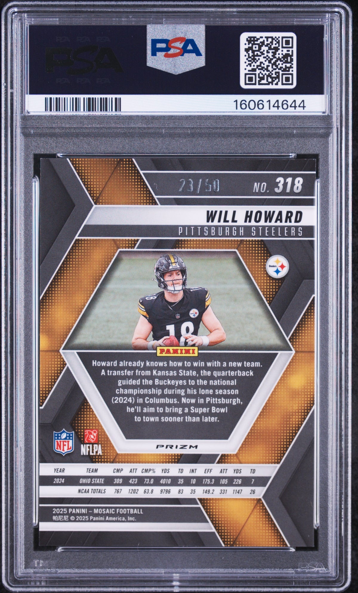 Will Howard 2025 Mosaic Purple Disco Rookie RC Pittsburgh Steelers 23/50 PSA 9