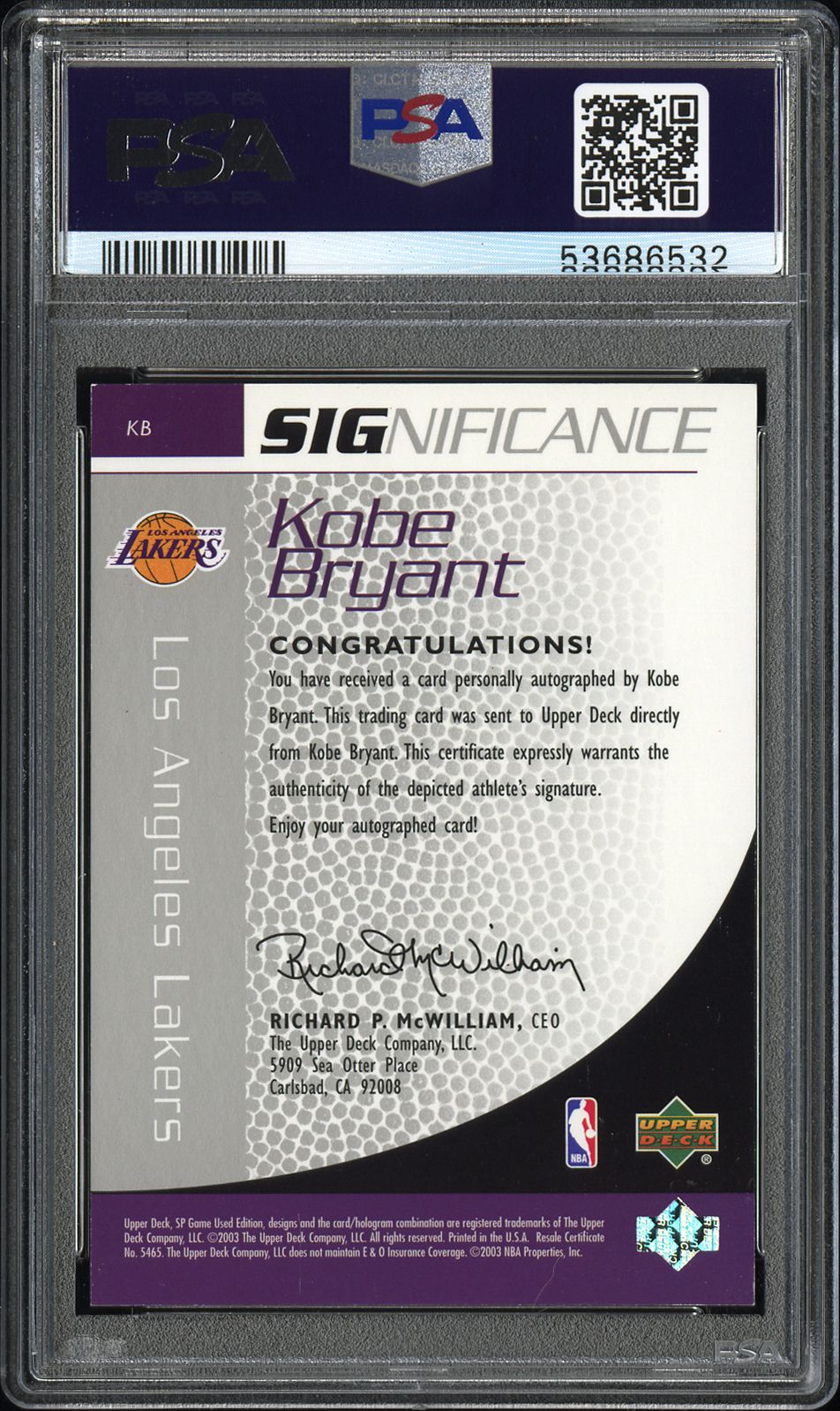 Kobe Bryant 2003 SP Significance Auto Autograph Los Angeles Lakers 29/100 PSA 8