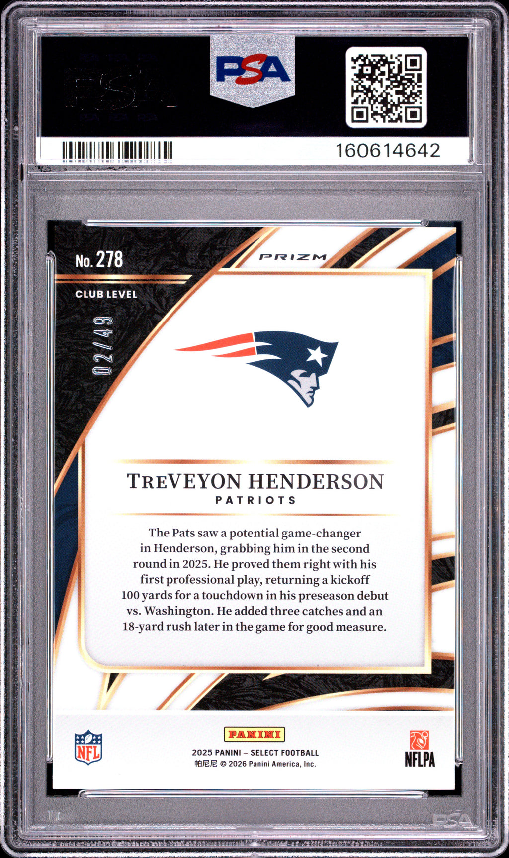 Treveyon Henderson 2025 Select Club Red Prizm Rookie RC NE Patriots 2/49 PSA 9