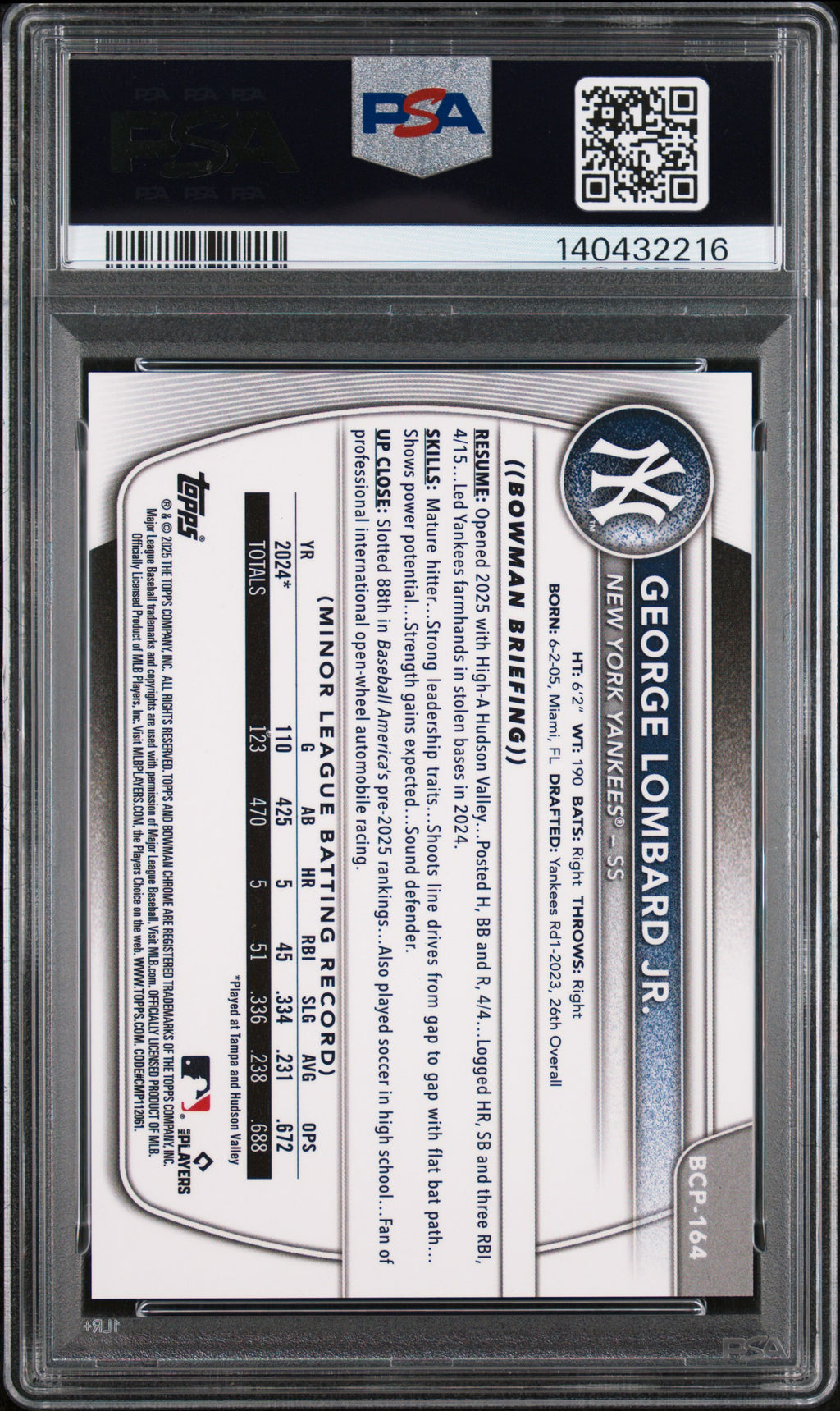 George Lombard Jr. 2025 Bowman Chrome GOLD Refractor Yankees 42/50 PSA 9