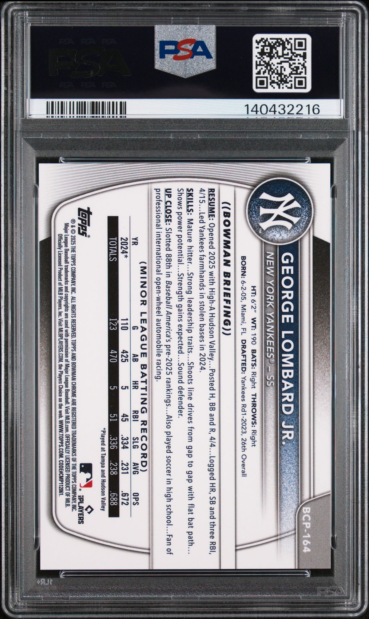 George Lombard Jr. 2025 Bowman Chrome GOLD Refractor Yankees 42/50 PSA 9