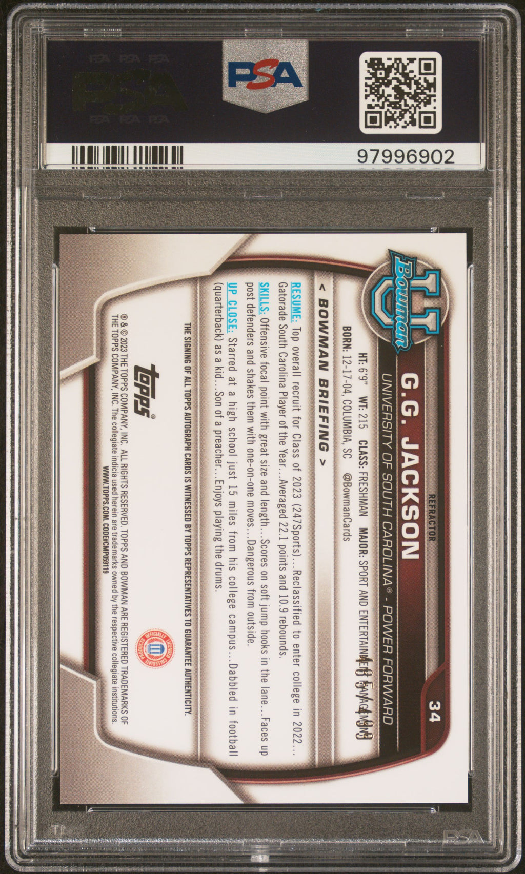 GG Jackson 2022 Bowman Chrome 1st Auto Autograph RC South Carolina /499 PSA 9