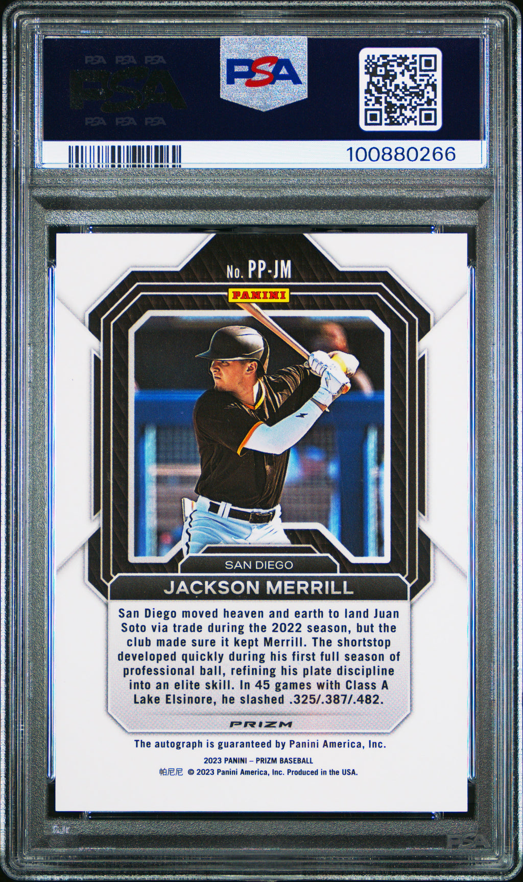 Jackson Merrill 2023 Panini Prizm Potential Penmanship Pnmnshp Green Ice PSA 8