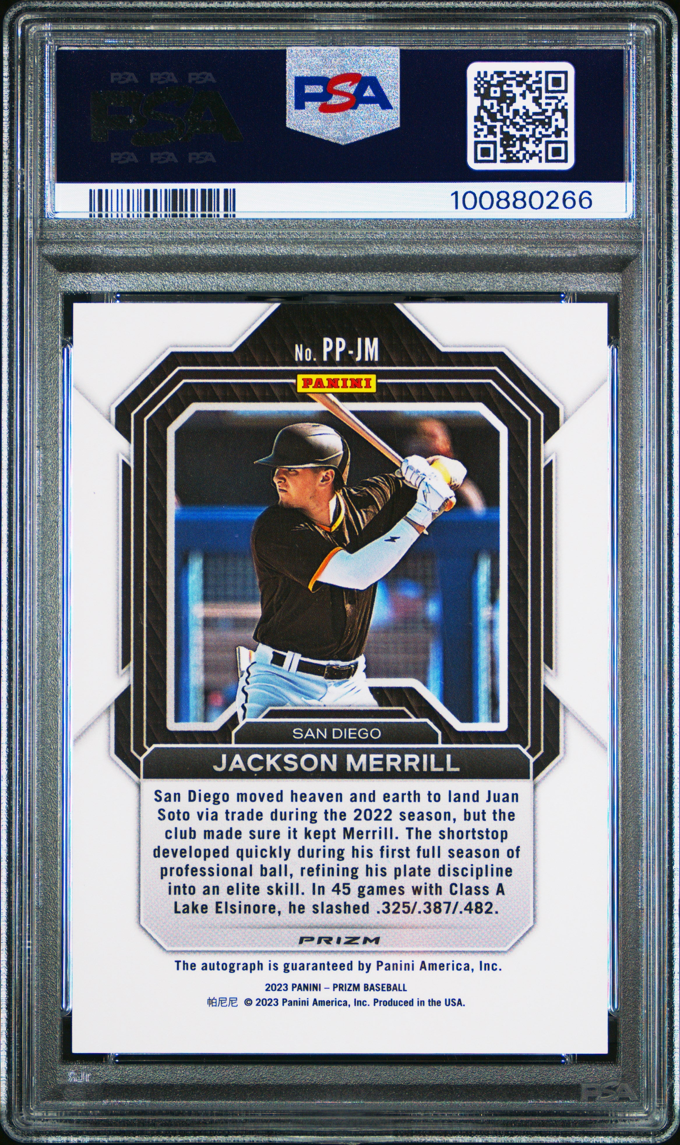 Jackson Merrill 2023 Panini Prizm Potential Penmanship Pnmnshp Green Ice PSA 8