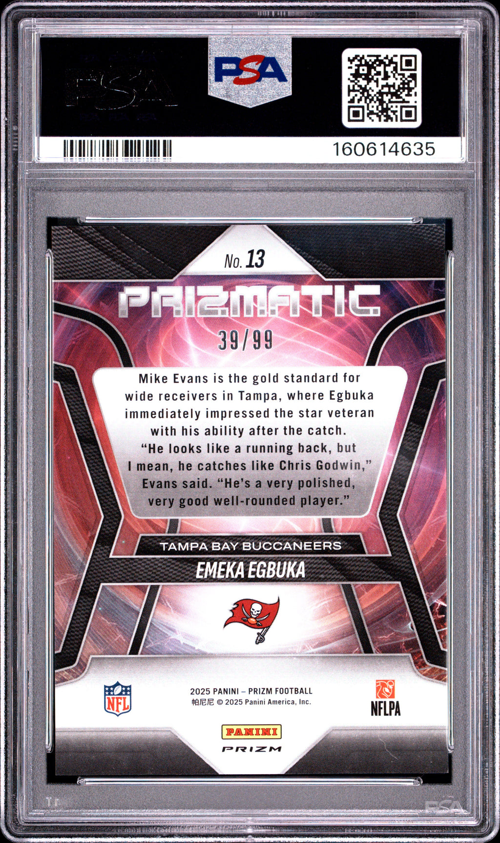 Emeka Egbuka 2025 Prizm Prizmatic Blue Ice Rookie RC TB Buccaneers 39/99 PSA 10