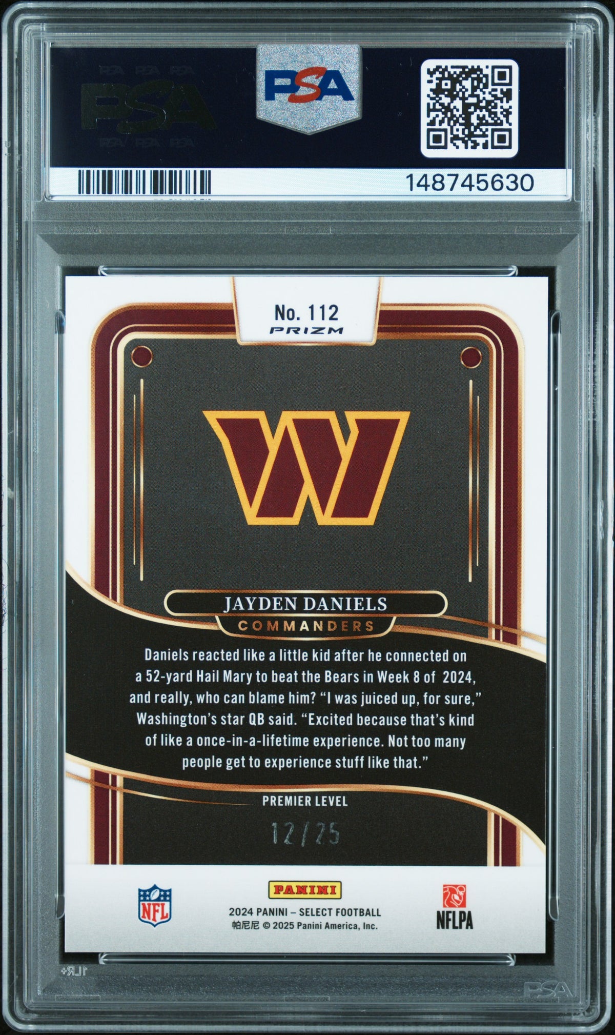 Jayden Daniels 2024 Select Blue Disco Rookie RC Commanders 12/25 PSA 10
