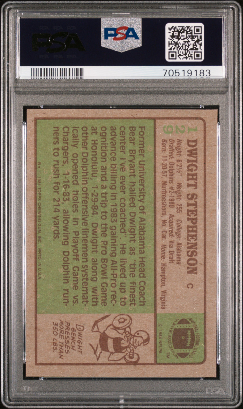 Dwight Stephenson 1984 Topps Auto Autograph Rookie Dolphins #129 PSA 9 Auto 10