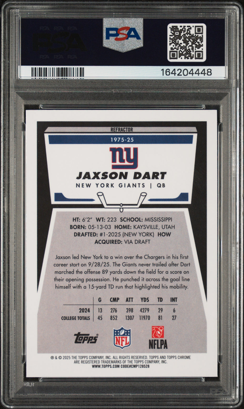 Jaxson Dart 2025 Topps Chrome 1975 Refractor Rookie RC New York Giants PSA 10