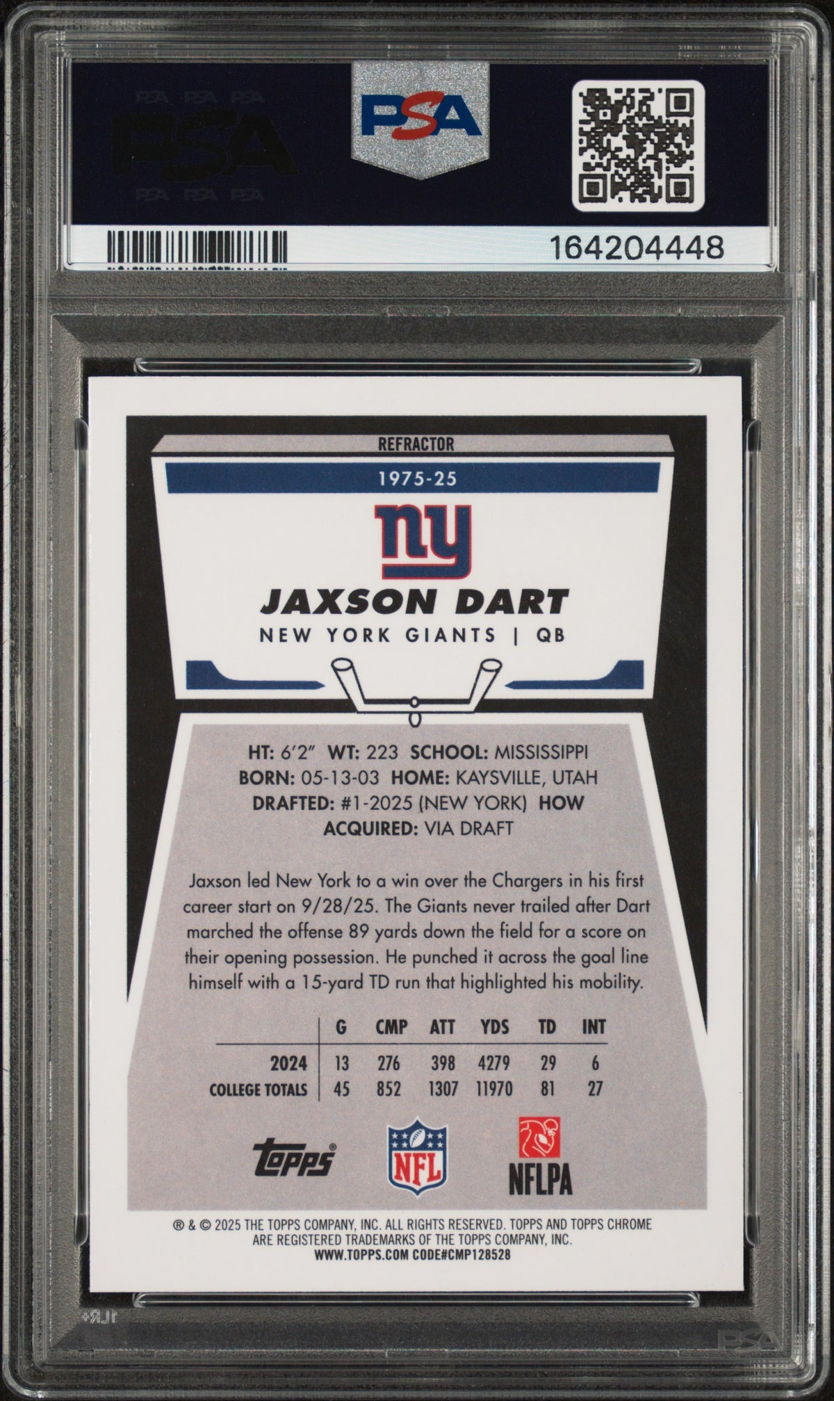Jaxson Dart 2025 Topps Chrome 1975 Refractor Rookie RC New York Giants PSA 10