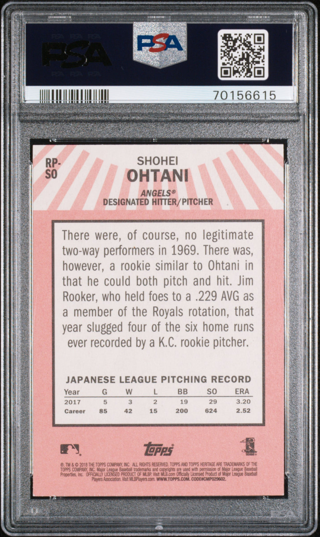 Shohei Ohtani 2018 Topps Heritage Rookie Performers Rookie RC LA Angels PSA 10