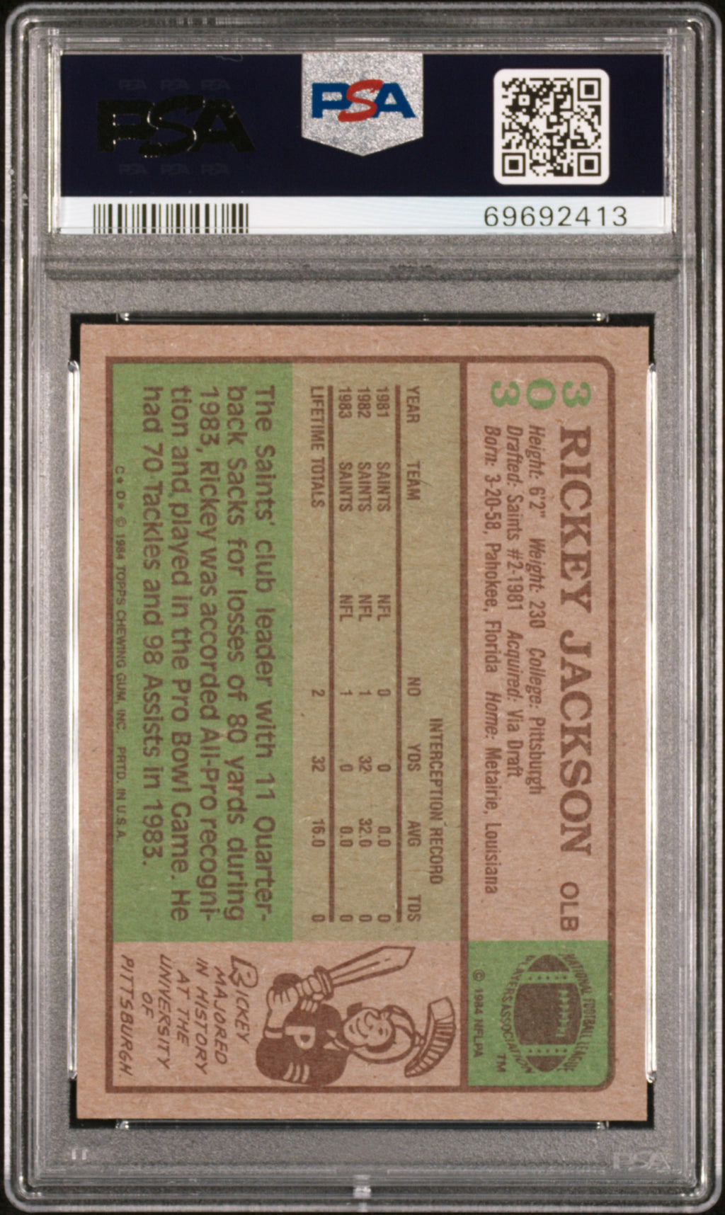 Rickey Jackson 1984 Topps Auto Autograph Rookie RC Saints #303 PSA 9 Auto 10