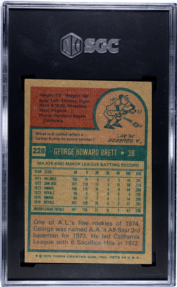 George Brett 1975 Topps Rookie RC Kansas City Royals #228 SGC 2