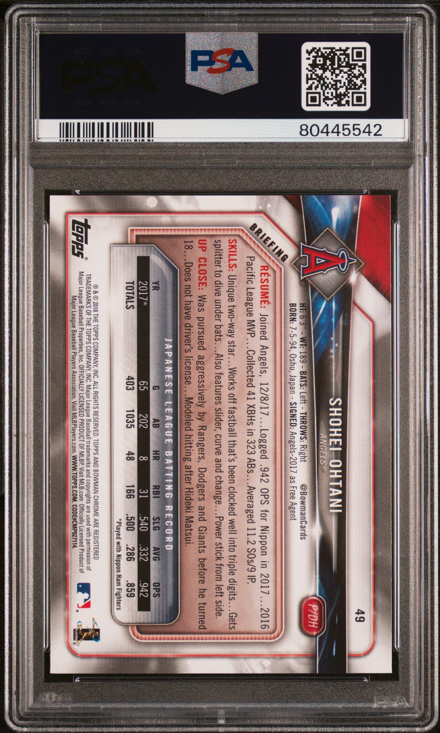 Shohei Ohtani 2018 Bowman Rookie Card RC Los Angeles Angels #49 PSA 10