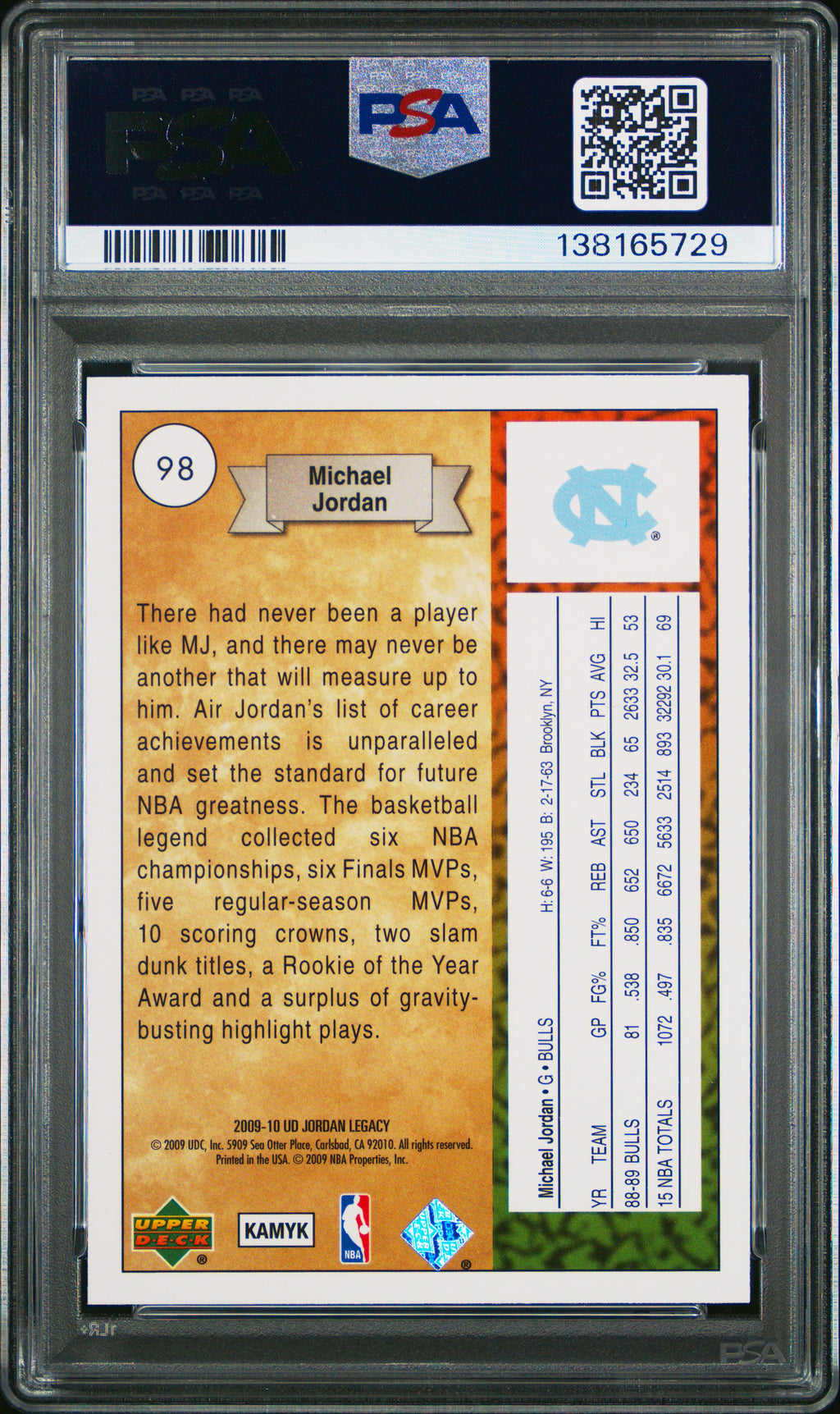 Michael Jordan 2009 Upper Deck Legacy GOLD North Carolina Bulls #98 PSA 9