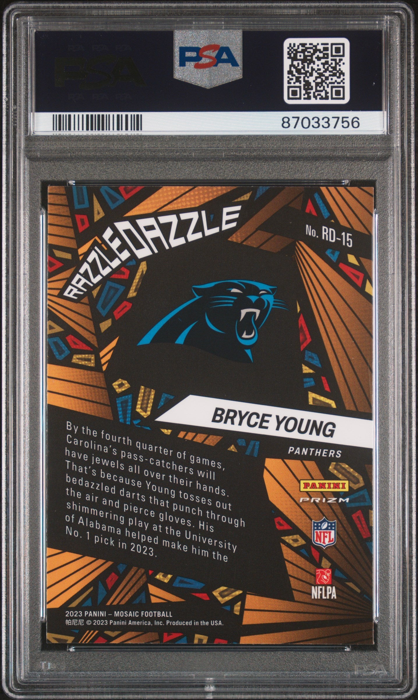 Bryce Young 2023 Mosaic Razzle Dazzle SSP CASE HIT Rookie Panthers PSA 10
