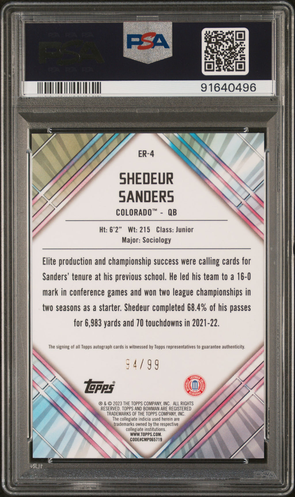 Shedeur Sanders 2023 Bowman Chrome Auto Autograph RC Colorado 94/99 PSA 10