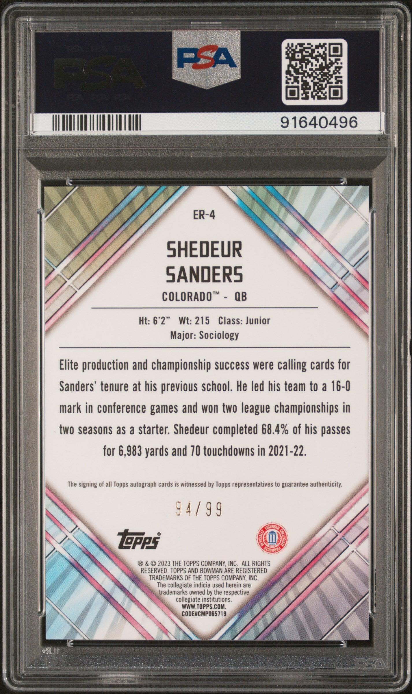 Shedeur Sanders 2023 Bowman Chrome Auto Autograph RC Colorado 94/99 PSA 10
