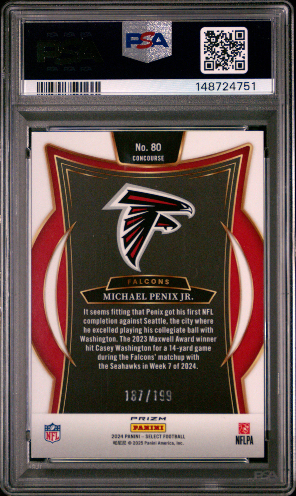 Michael Penix Jr. 2024 Select White Shock Rookie RC Falcons 187/199 PSA 9