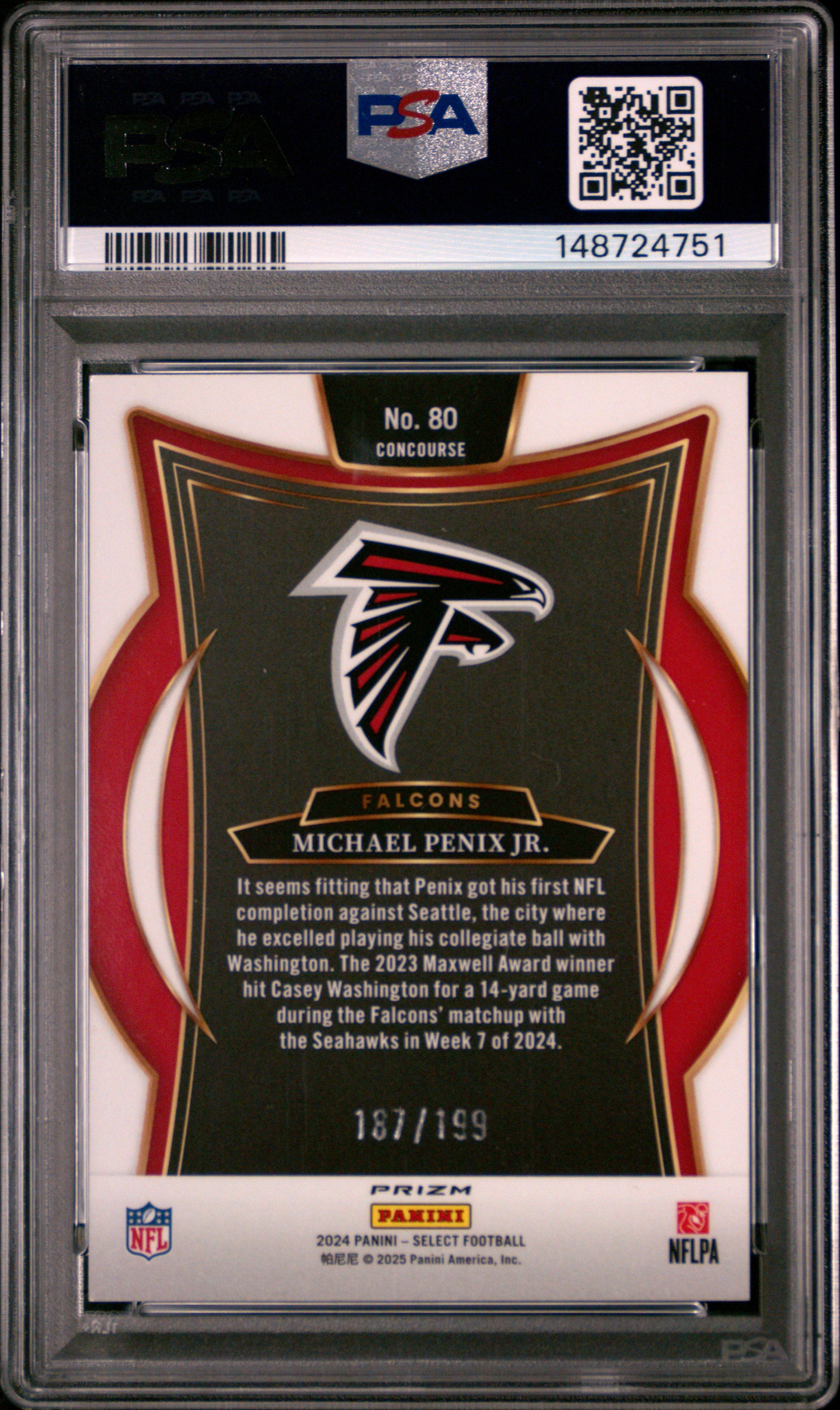 Michael Penix Jr. 2024 Select White Shock Rookie RC Falcons 187/199 PSA 9