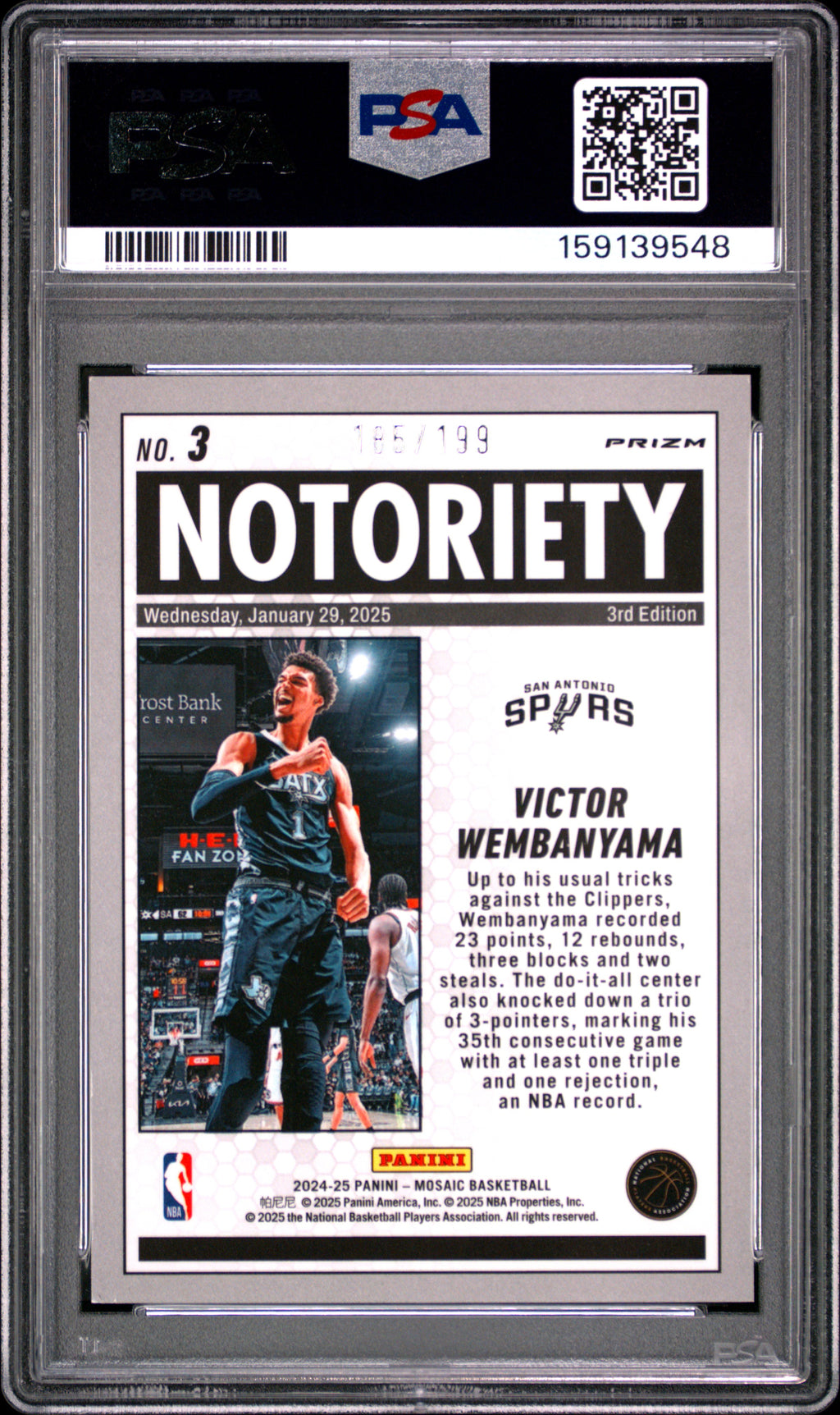 Victor Wembanyama 2024-25 Mosaic Notoriety Blue Prizm Spurs 185/199 PSA 9