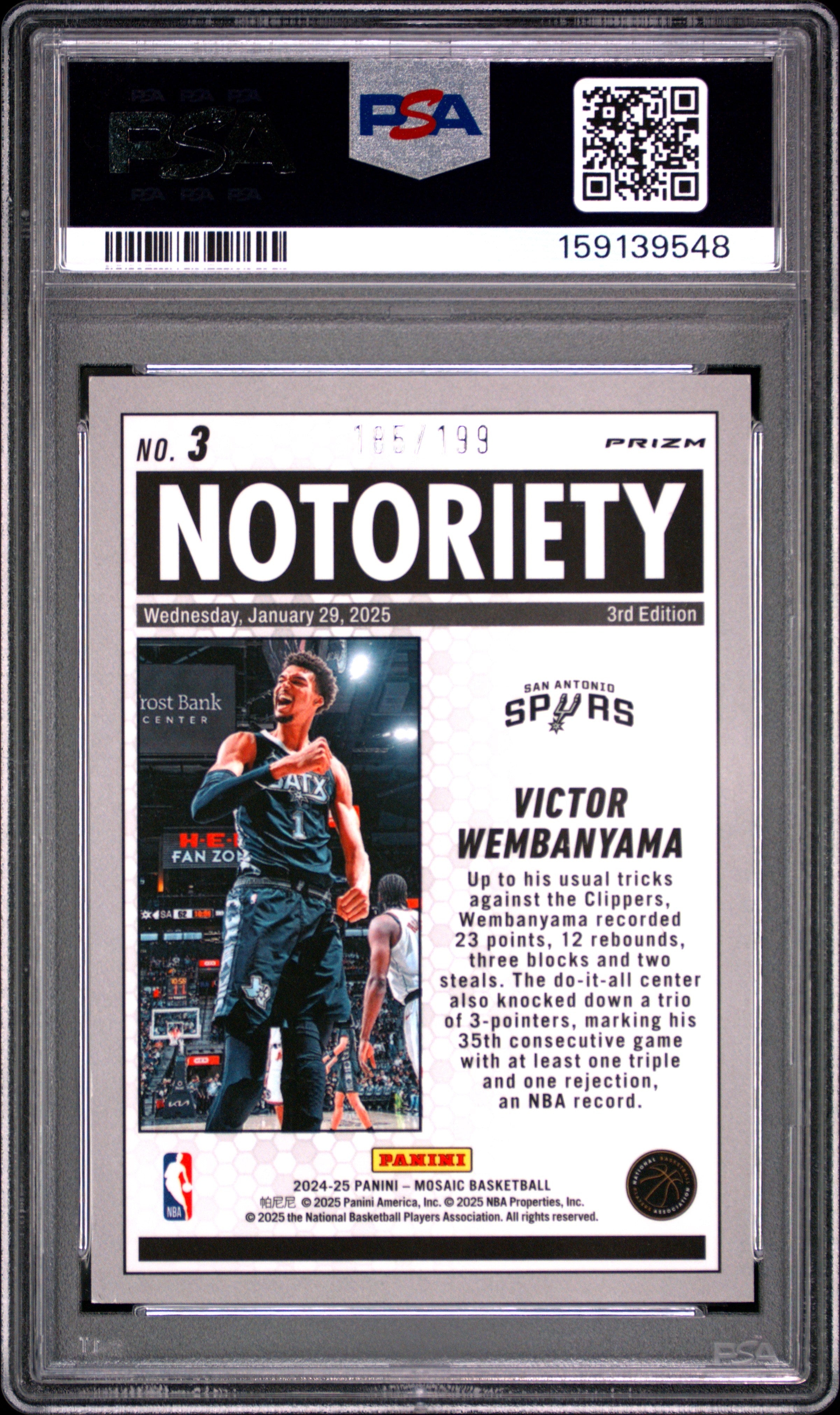 Victor Wembanyama 2024-25 Mosaic Notoriety Blue Prizm Spurs 185/199 PSA 9