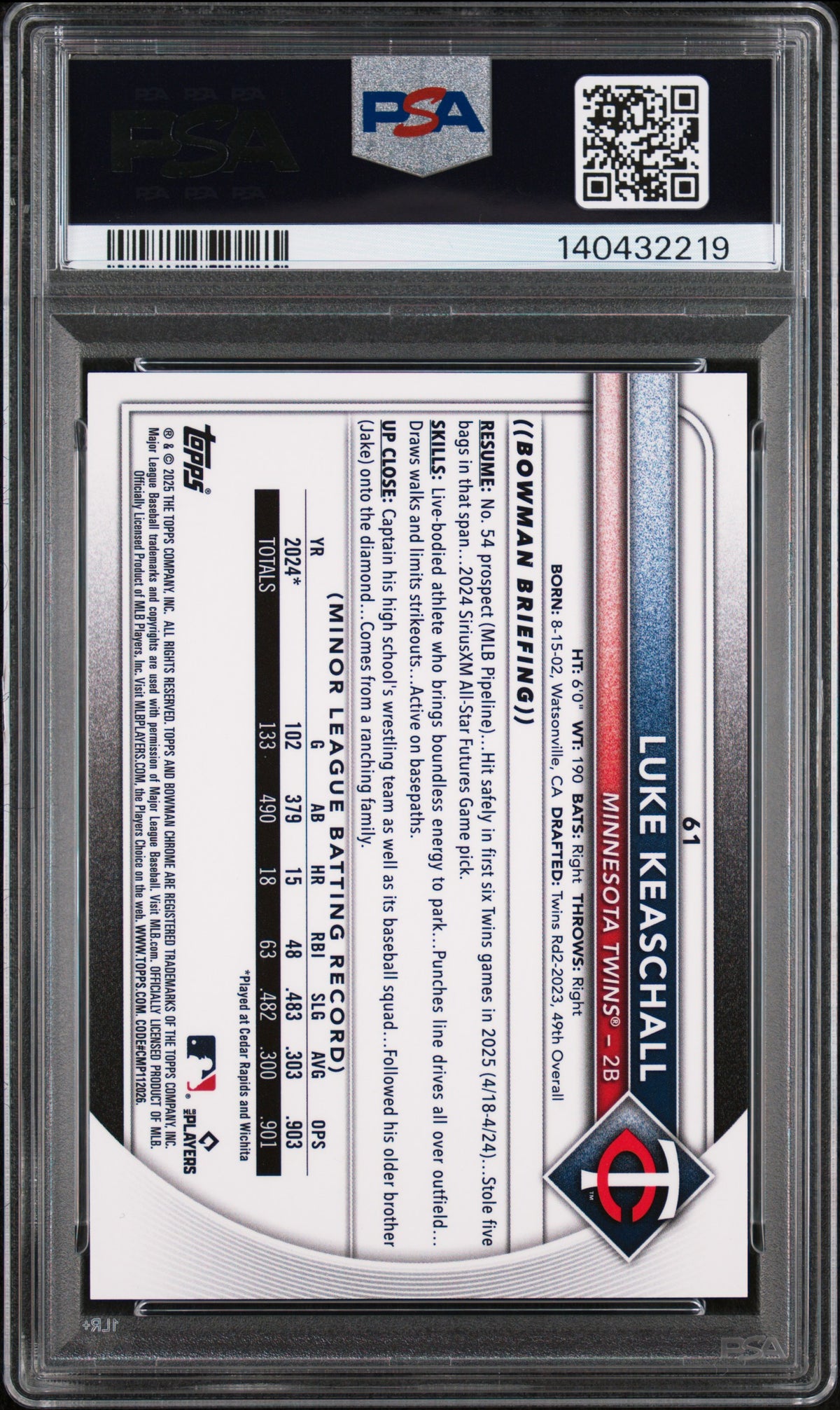 Luke Keaschall 2025 Bowman Chrome RED Refractor RC Rookie Twins 1/5 PSA 10