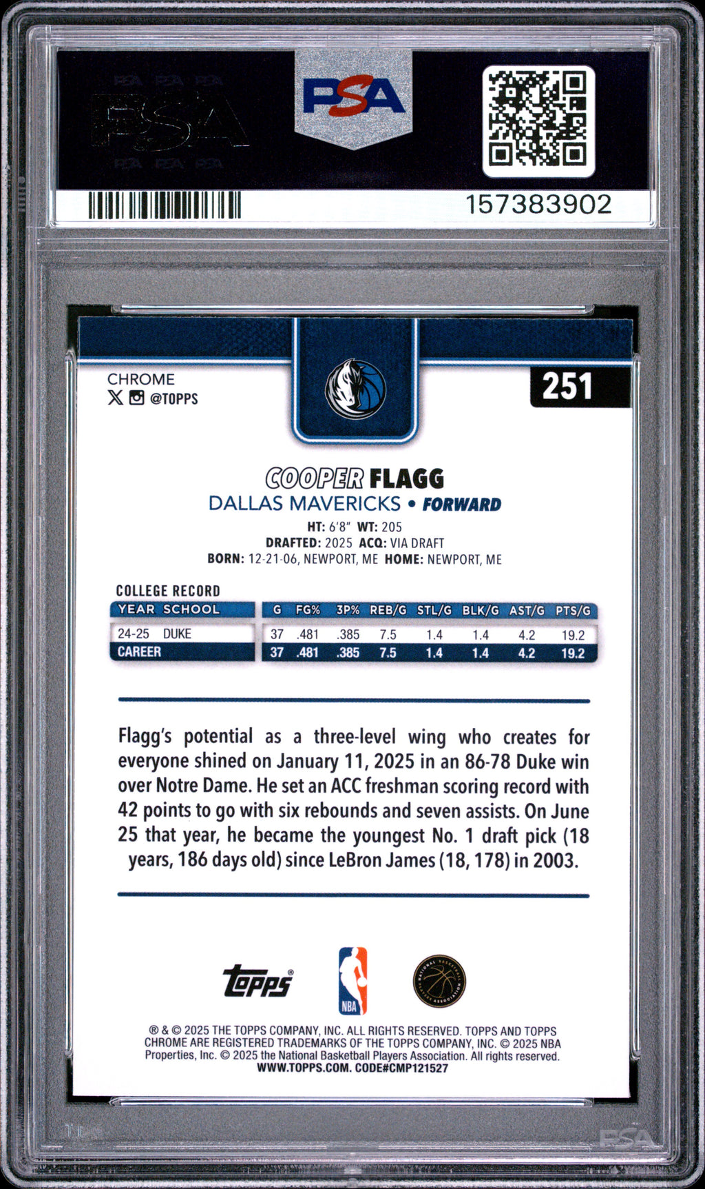 Cooper Flagg 2025-26 Topps Chrome Refractor Rookie RC Dallas Mavericks PSA 9